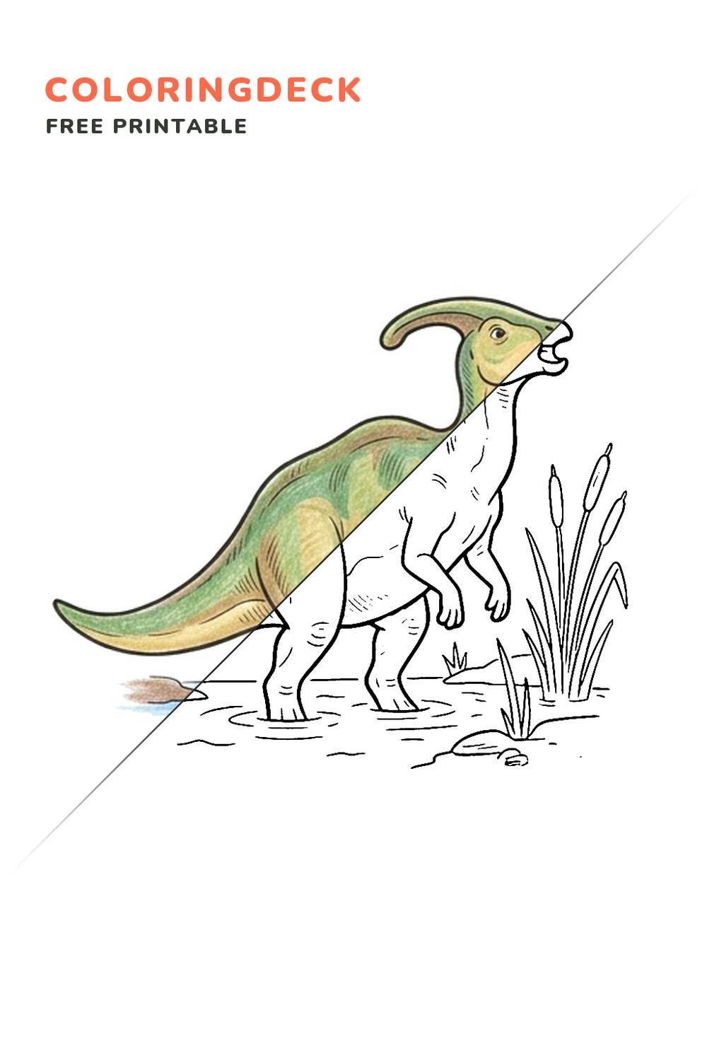 Parasaurolophus Reed Call coloring page, free printable: half colored, half outline