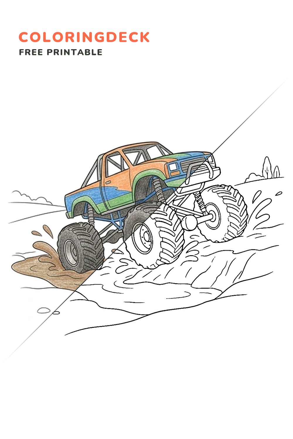 Mud Pit Monster coloring page, free printable: half colored, half outline