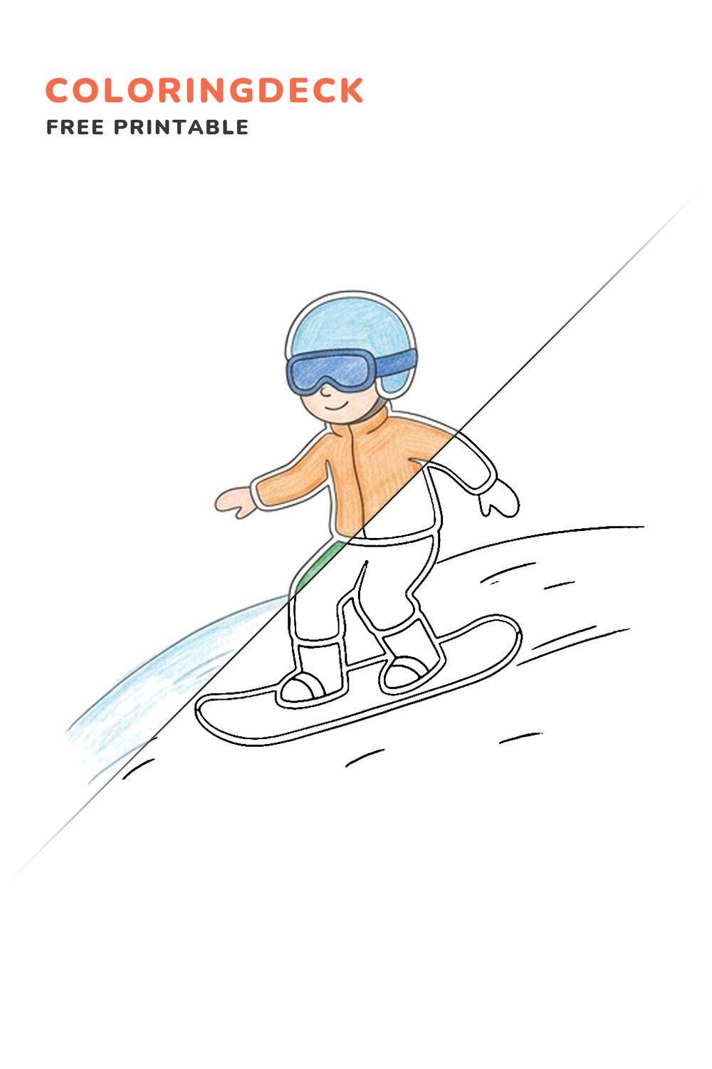 Snowboarder Gliding Downhill coloring page, free printable: half colored, half outline