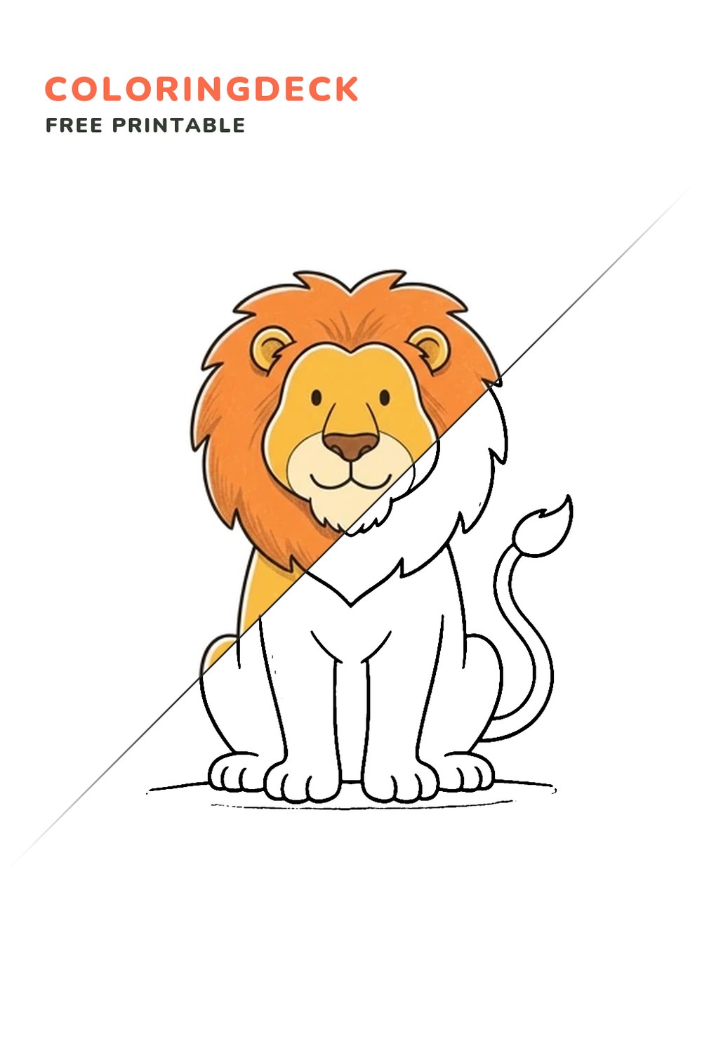 Lion Sitting Proud coloring page, free printable: half colored, half outline