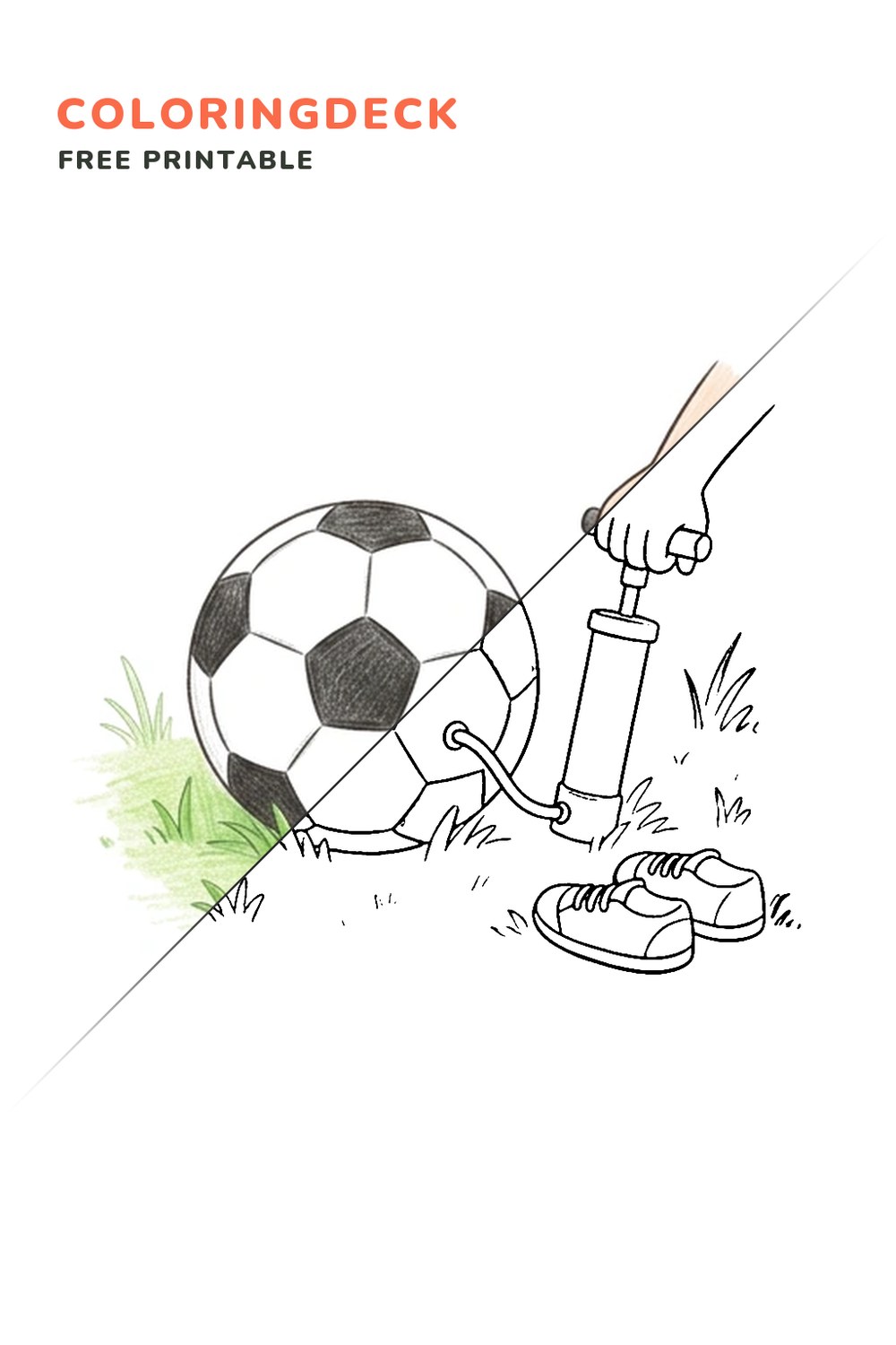 Soccer Ball Pump coloring page, free printable: half colored, half outline