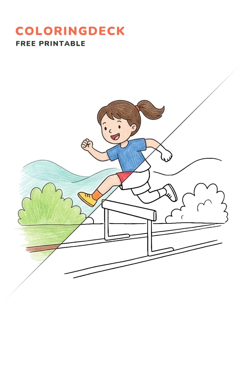 Hurdle Dash coloring page, free printable: half colored, half outline
