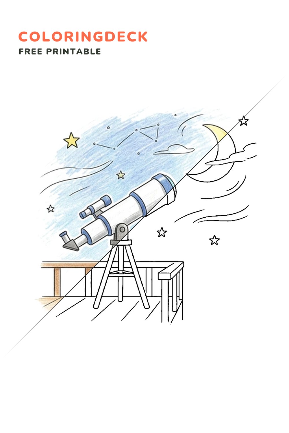 Starlight Telescope coloring page, free printable: half colored, half outline