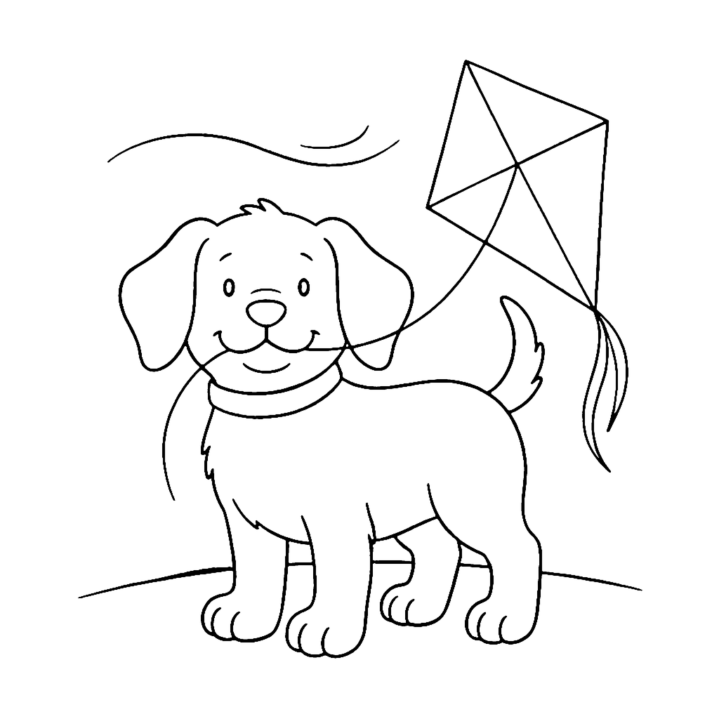 Puppy coloring page: Puppy With Kite, outline to print