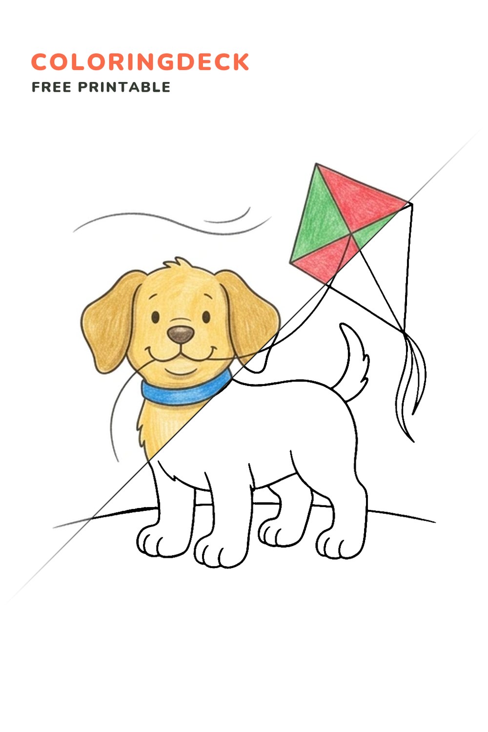 Puppy With Kite coloring page, free printable: half colored, half outline