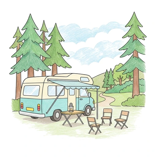 Camper Van coloring page: Camper Van Campsite, colored example