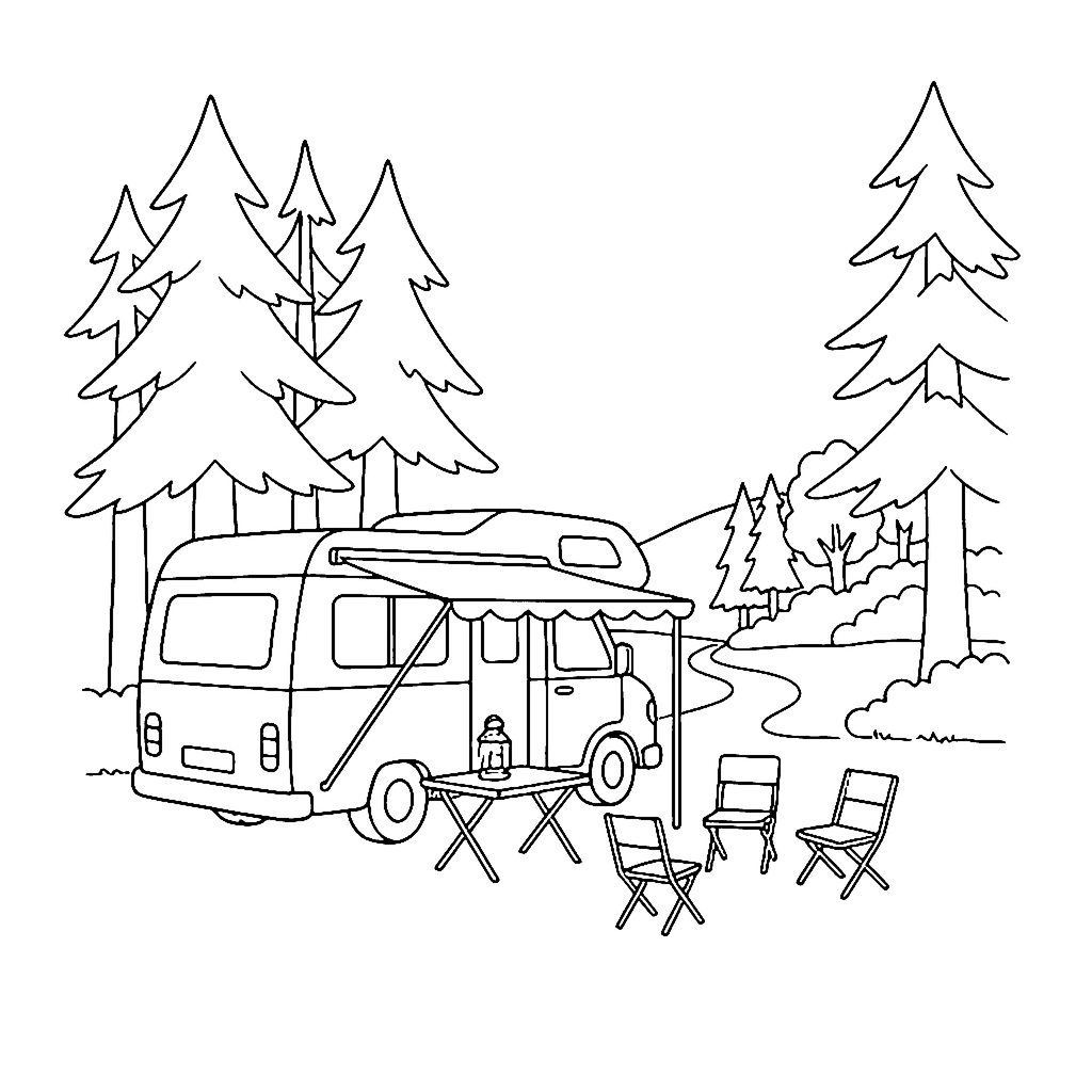 Camper Van coloring page: Camper Van Campsite, outline to print