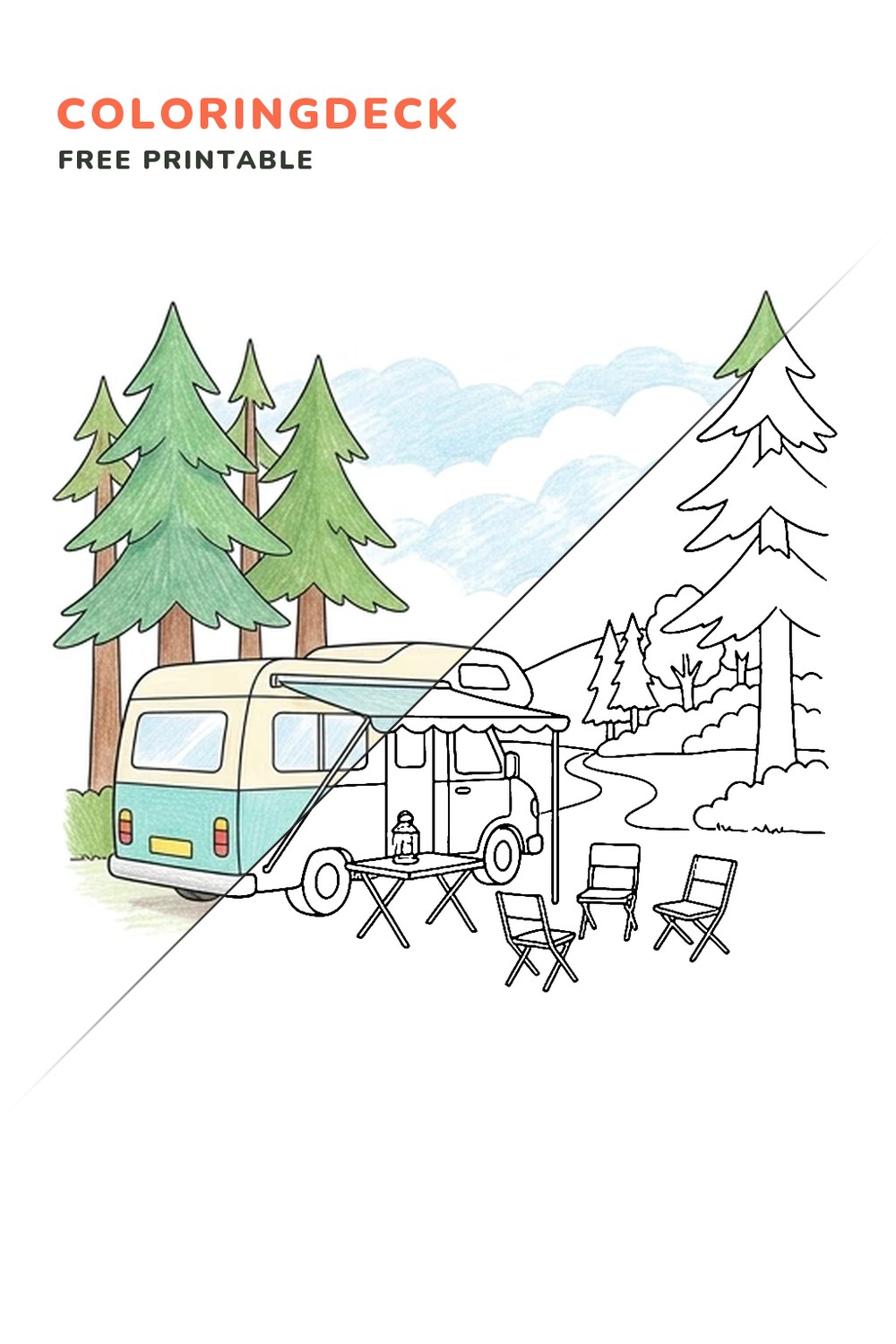 Camper Van Campsite coloring page, free printable: half colored, half outline