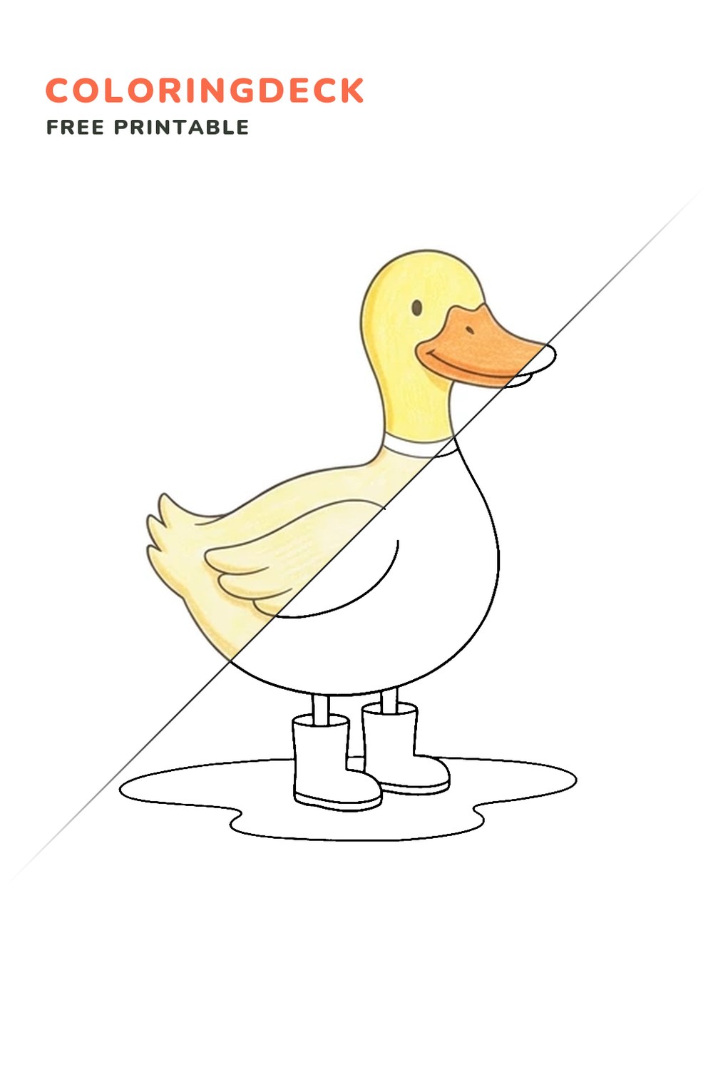 Duck In Boots coloring page, free printable: half colored, half outline