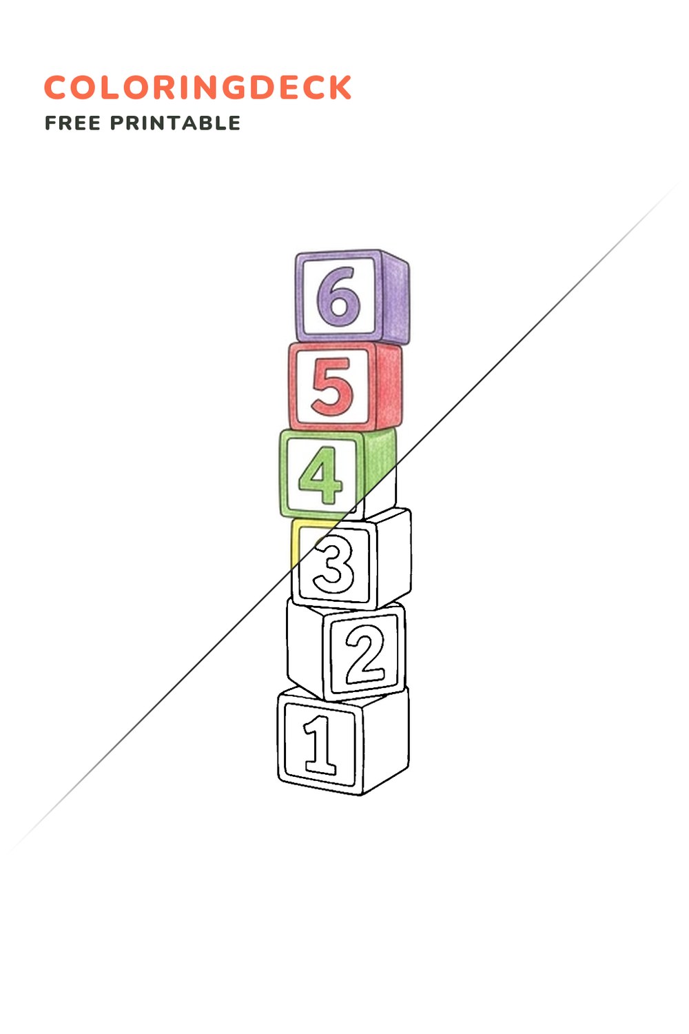 Number Block Tower coloring page, free printable: half colored, half outline