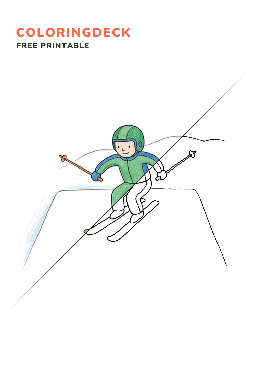 Ski Jump Landing coloring page, free printable: half colored, half outline