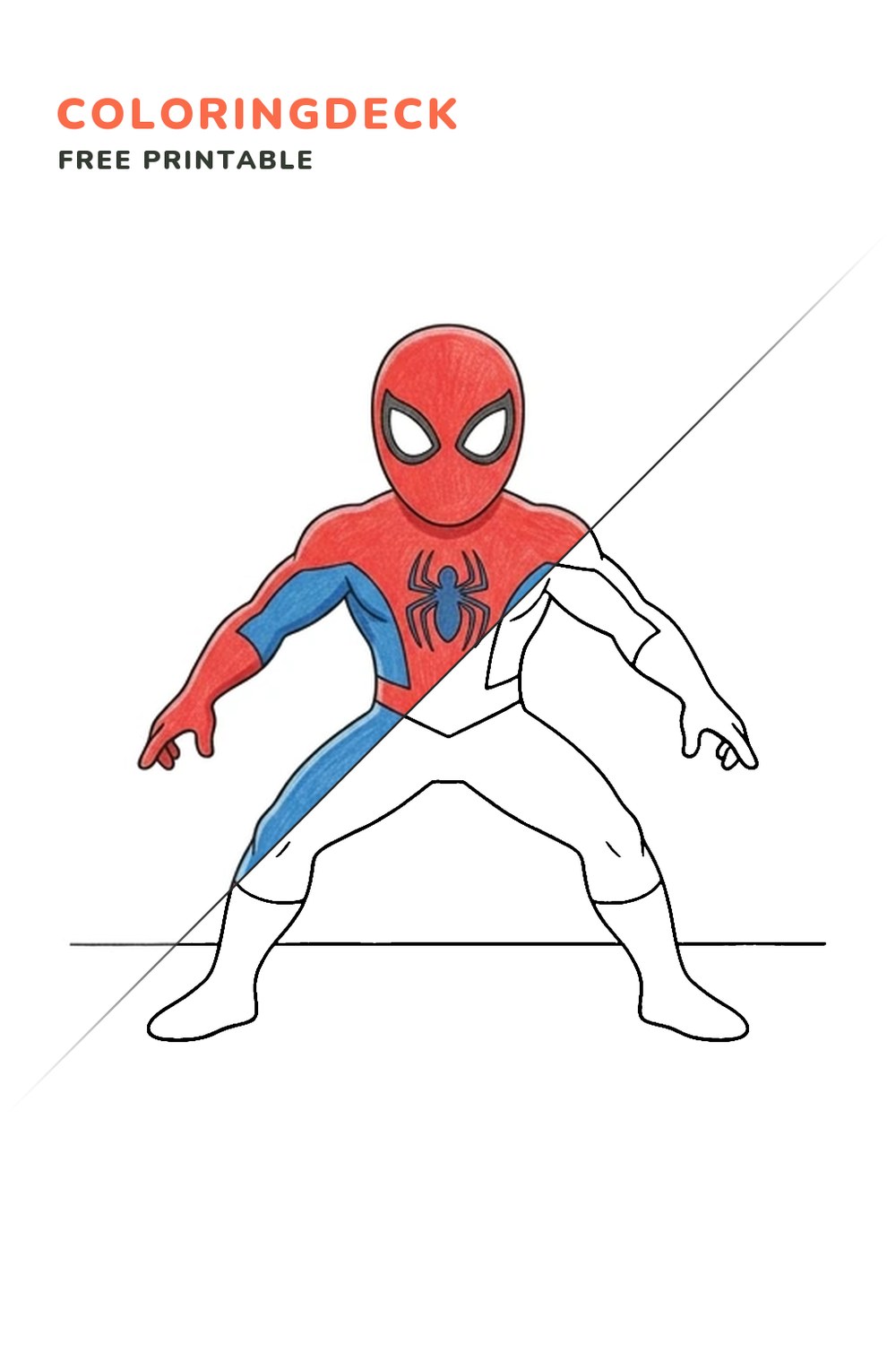Spider Hero Landing coloring page, free printable: half colored, half outline