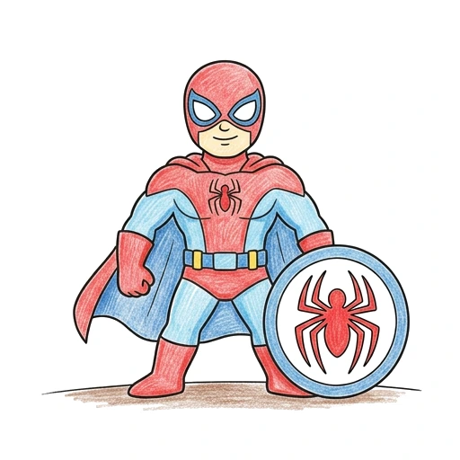 Superhero coloring page: Spider Hero Shield, colored example