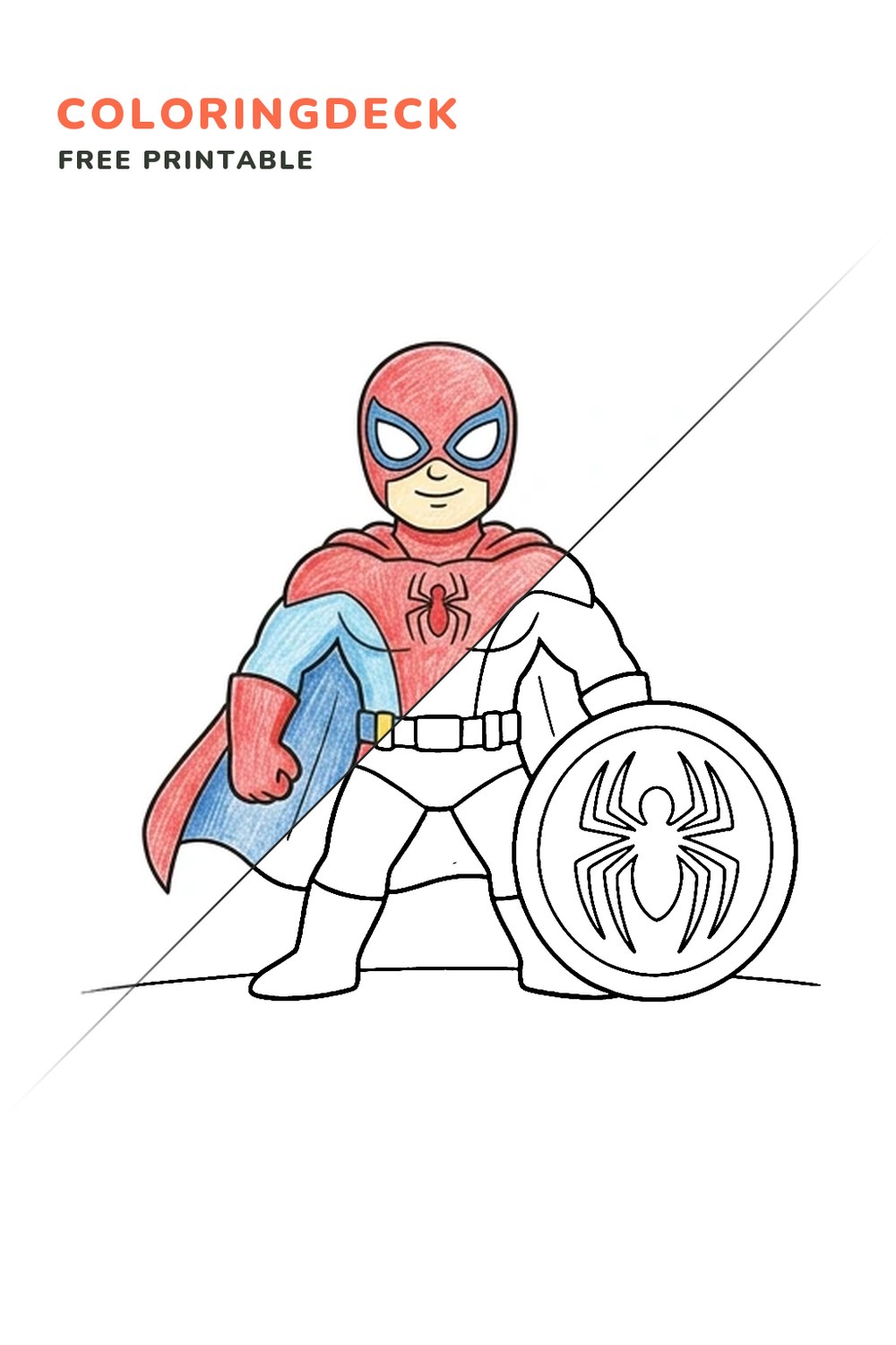 Spider Hero Shield coloring page, free printable: half colored, half outline