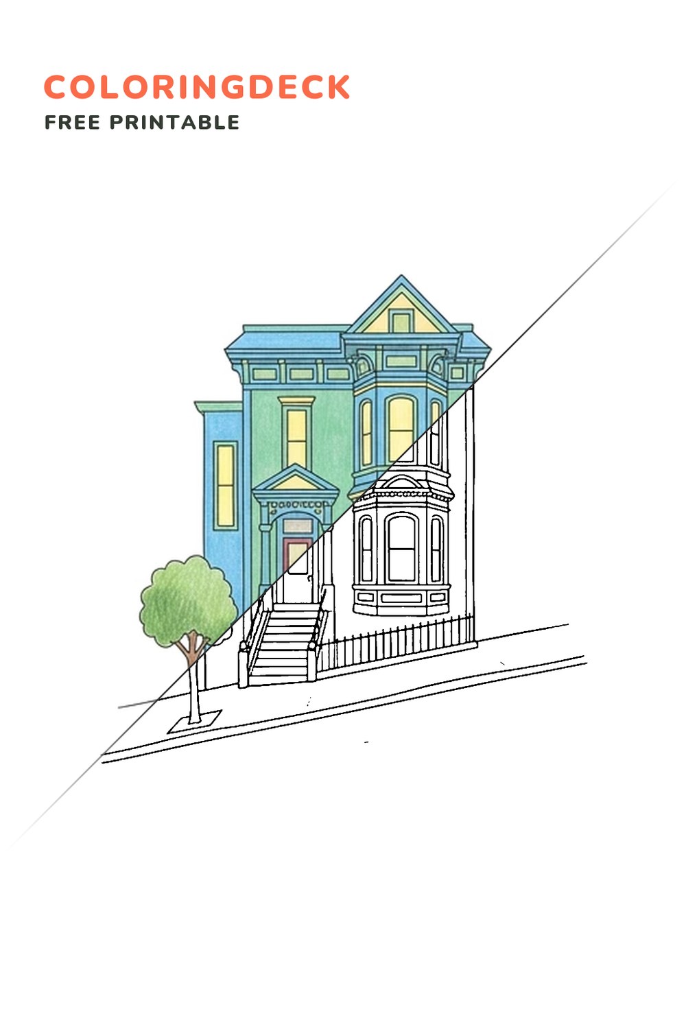 San Francisco Victorian coloring page, free printable: half colored, half outline