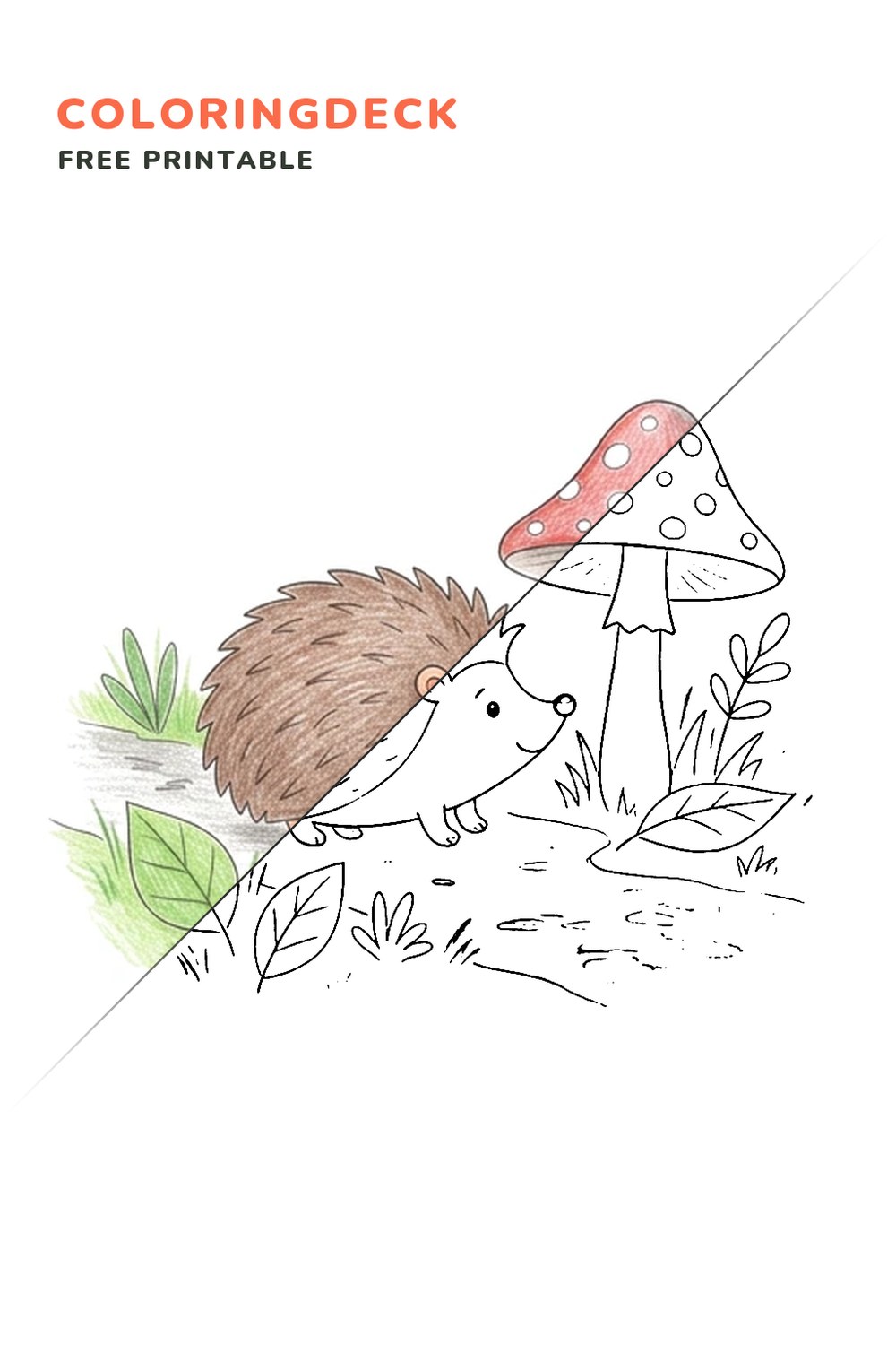 Hedgehog Mushroom Trail coloring page, free printable: half colored, half outline