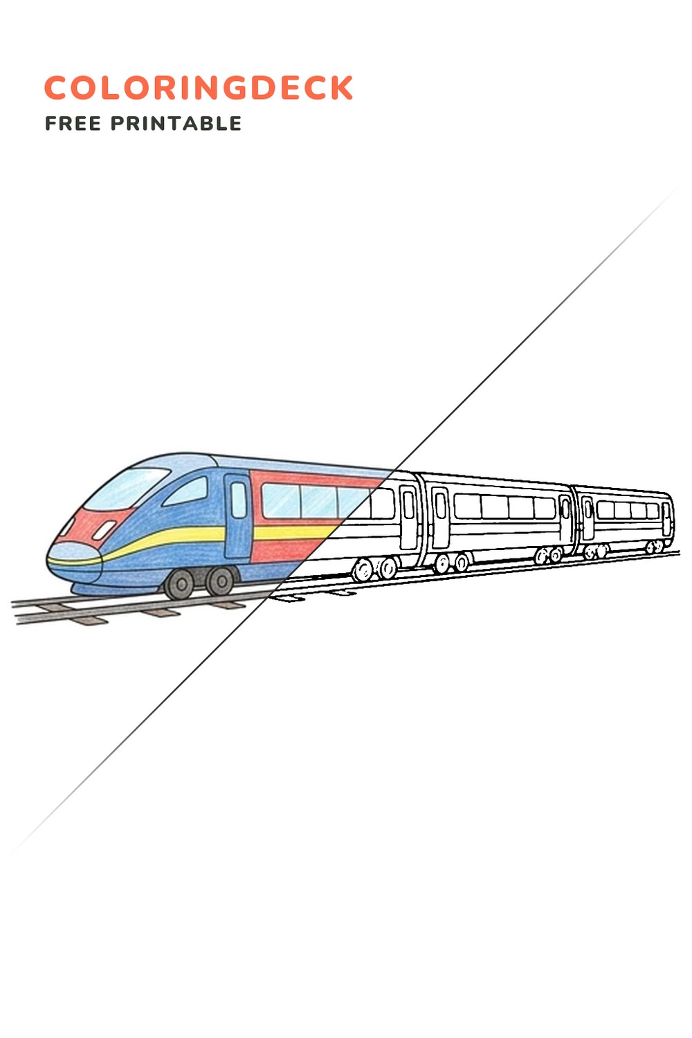 High Speed Train coloring page, free printable: half colored, half outline