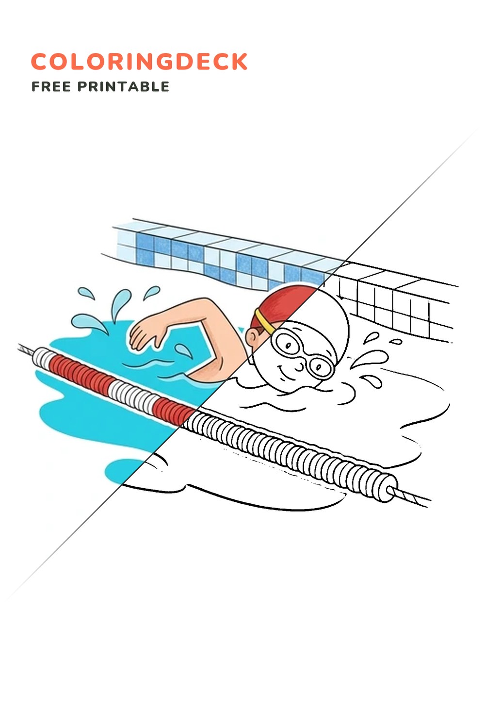 Pool Lap Swimmer coloring page, free printable: half colored, half outline
