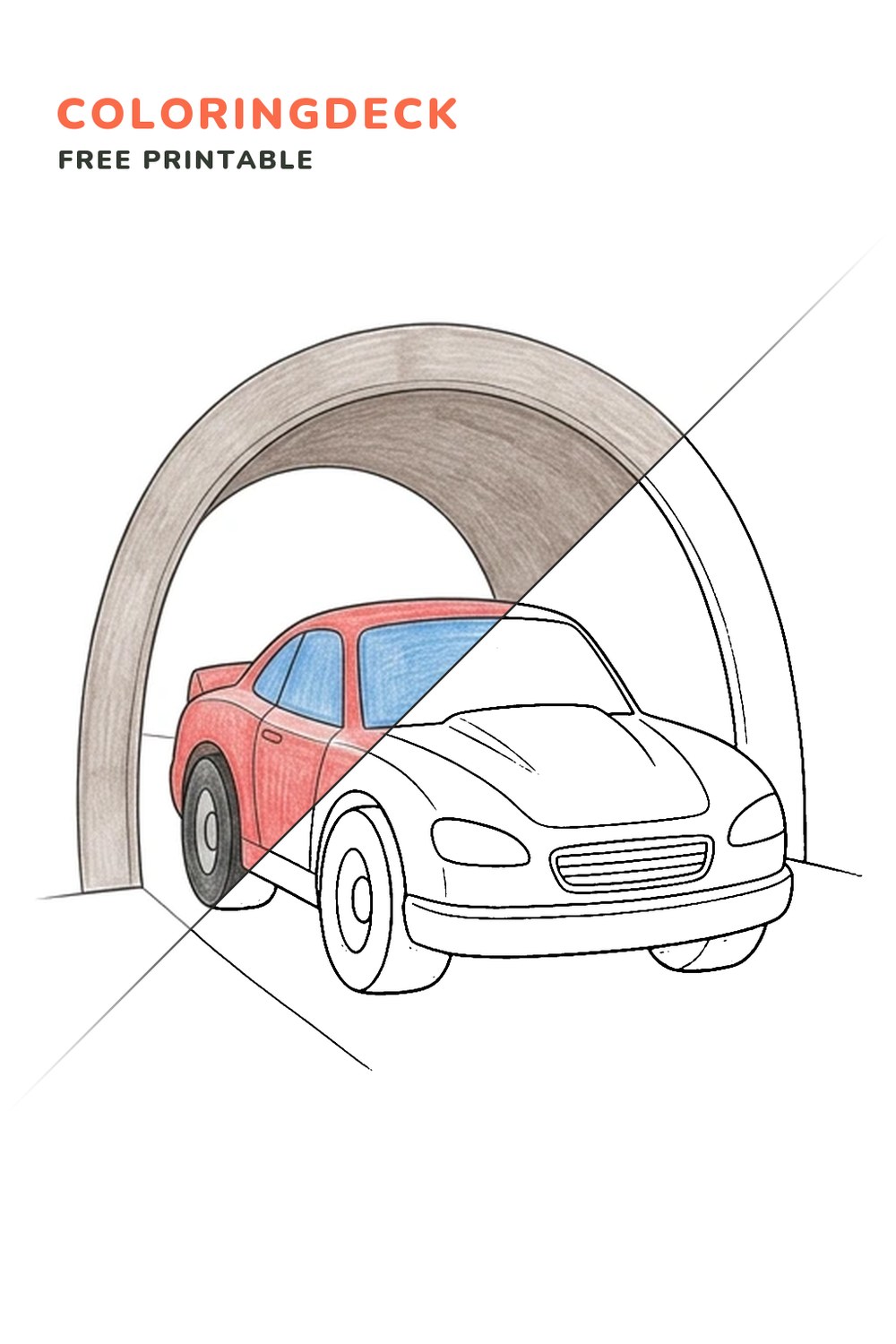 Racing Car Tunnel coloring page, free printable: half colored, half outline