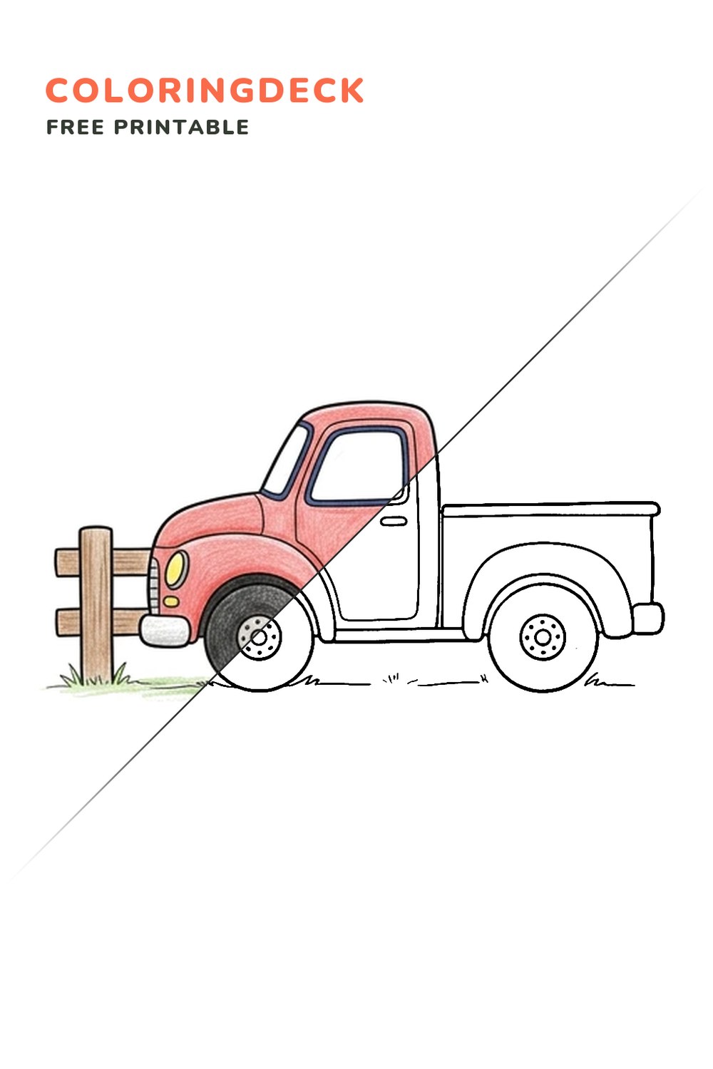 Pickup Truck Stop coloring page, free printable: half colored, half outline