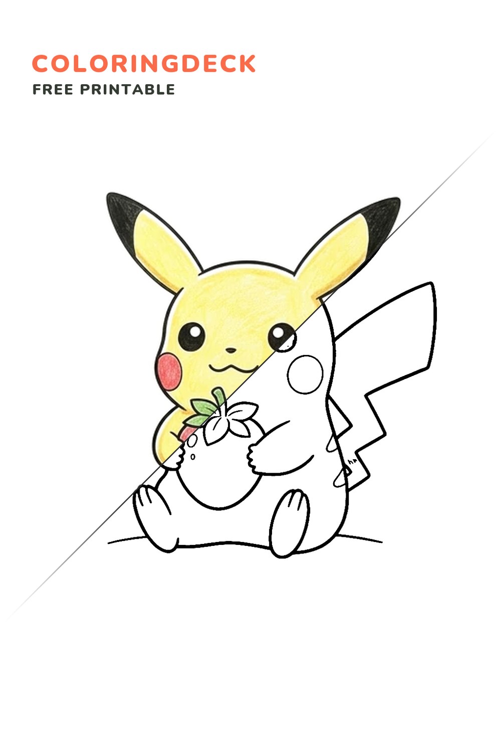 Pikachu Picnic Pose coloring page, free printable: half colored, half outline