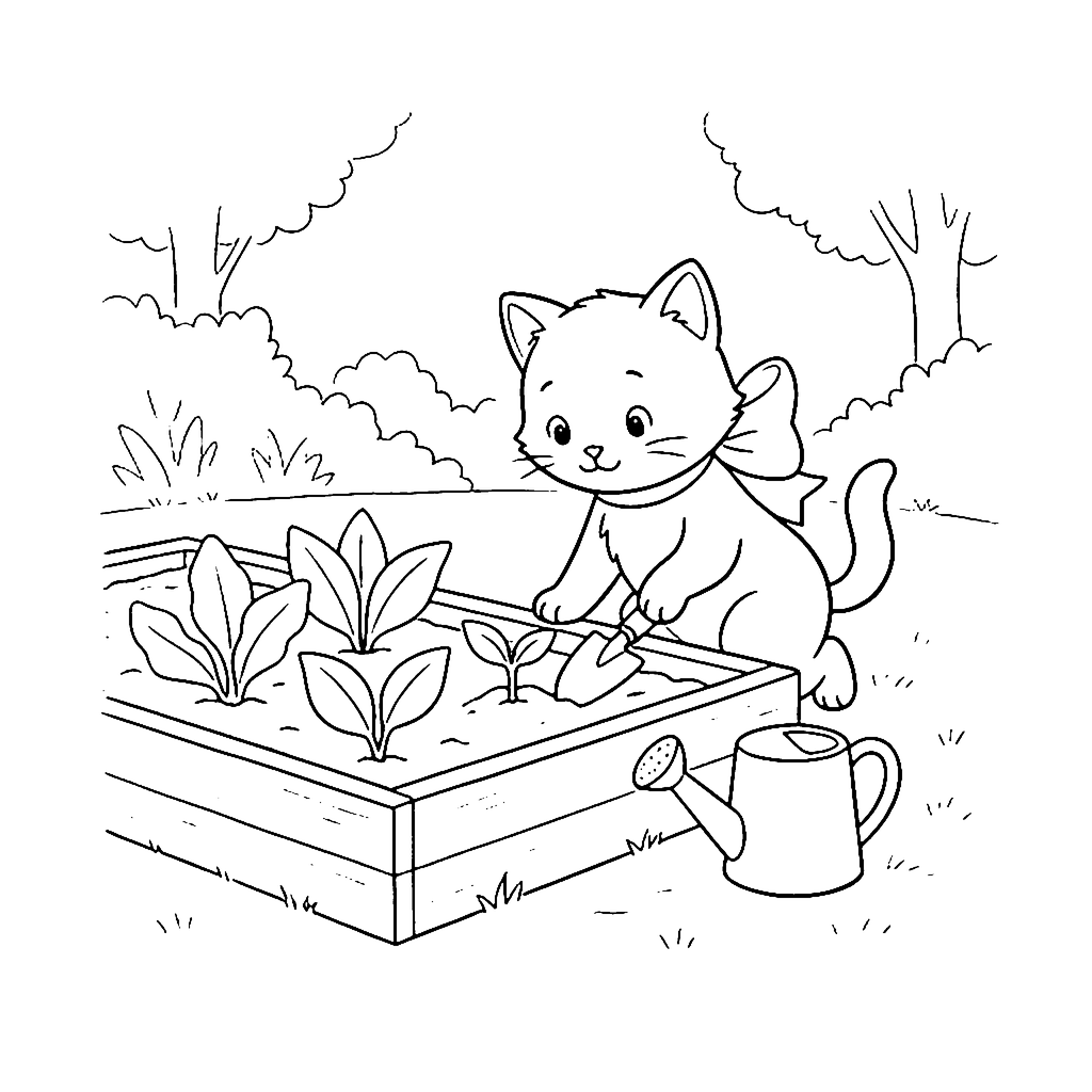 Bow Kitten Garden coloring page outline