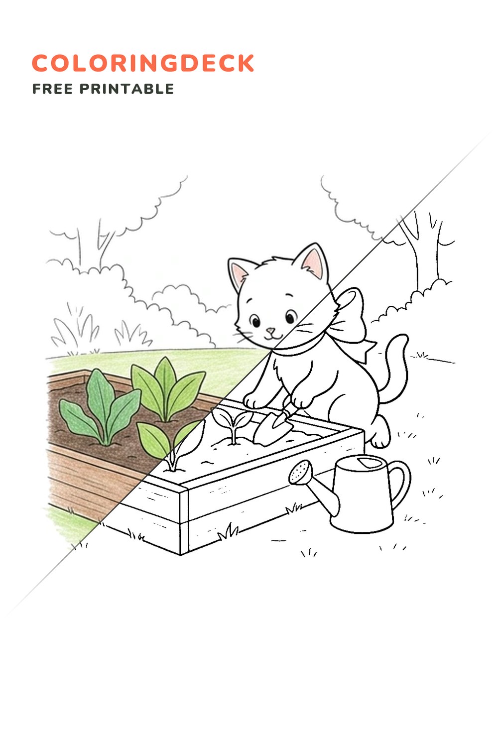 Bow Kitten Garden coloring page, free printable: half colored, half outline