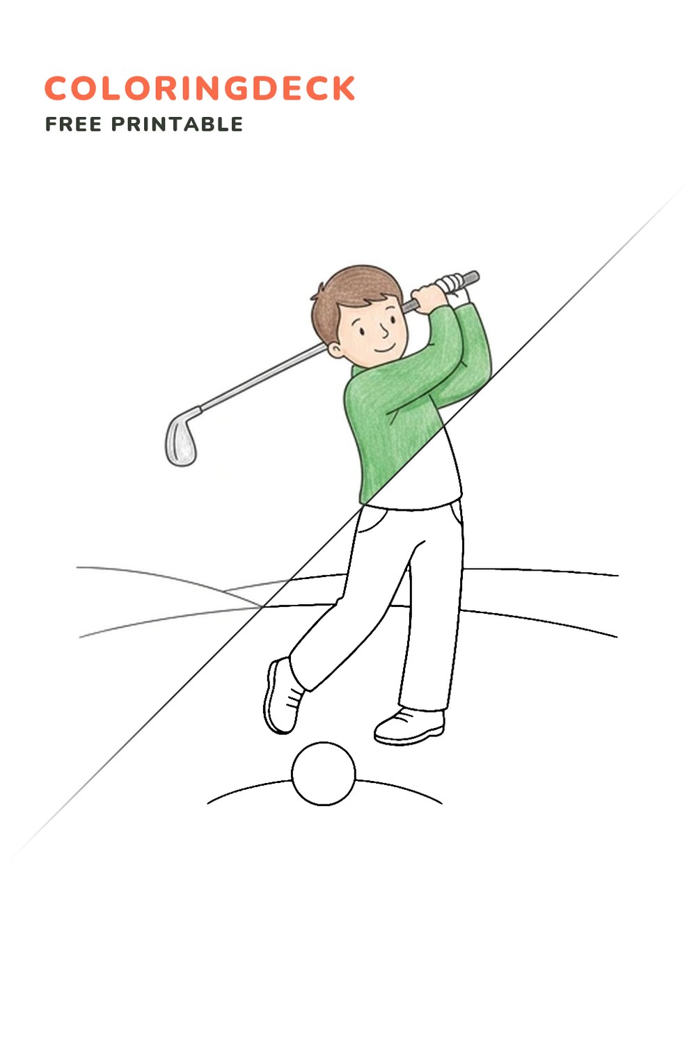 Golfer Swing Pose coloring page, free printable: half colored, half outline