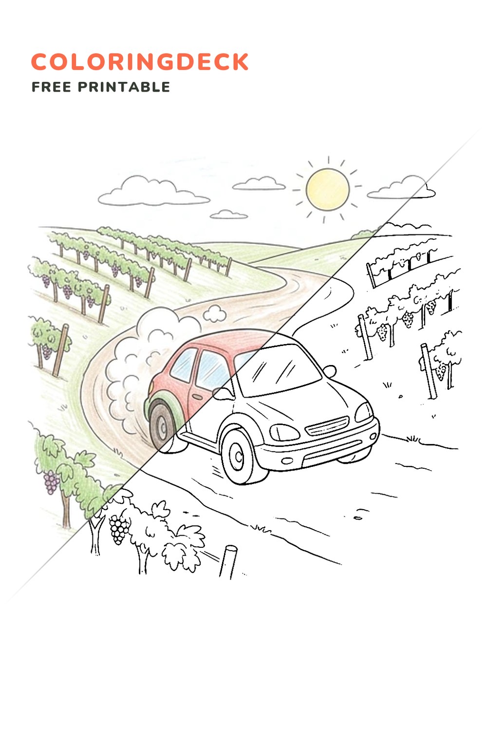 Vineyard Rally Turn coloring page, free printable: half colored, half outline