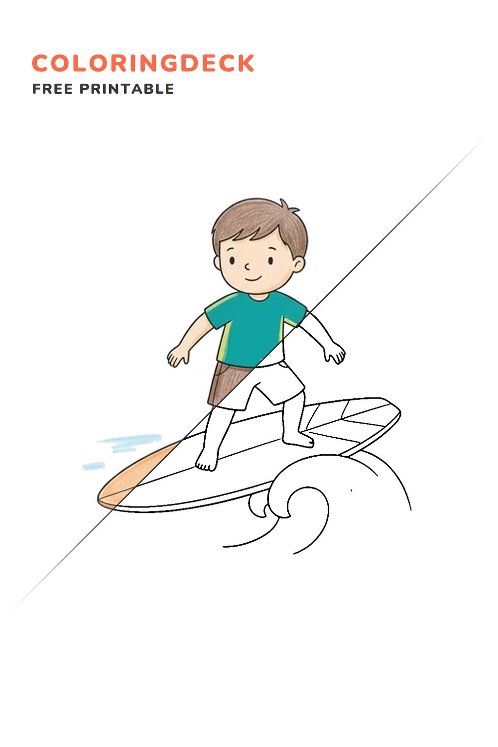 Surfer Catching Wave coloring page, free printable: half colored, half outline