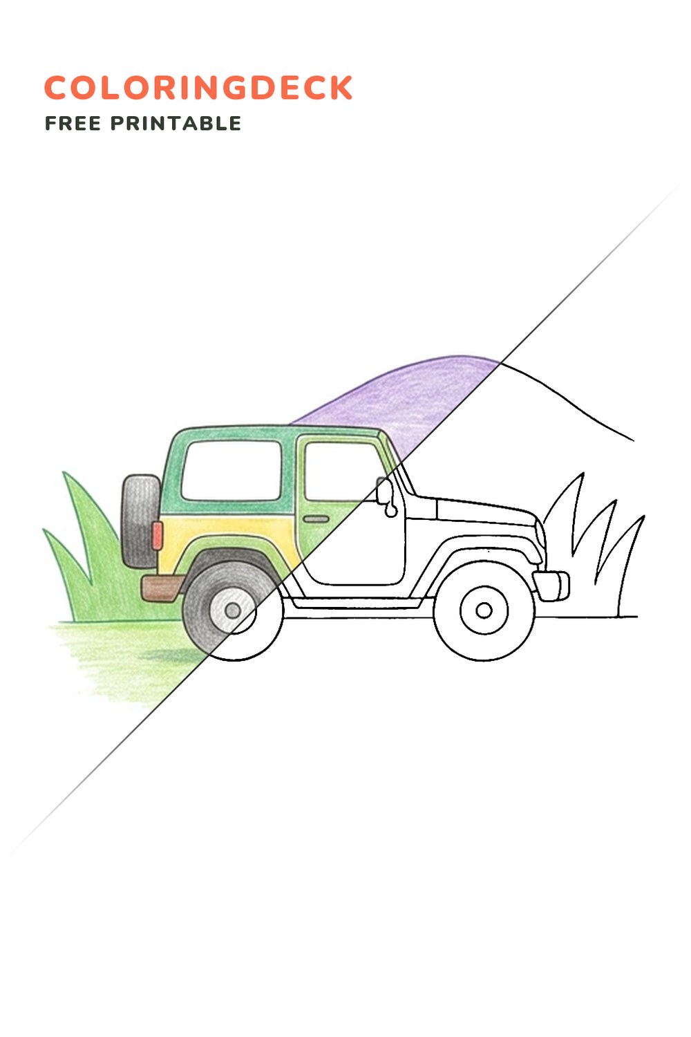 Jeep Meadow Stop coloring page, free printable: half colored, half outline