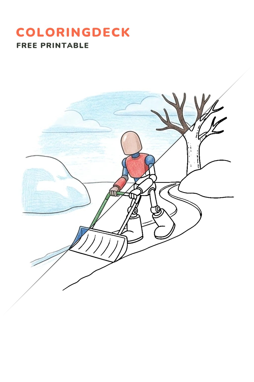Robot Snow Plow coloring page, free printable: half colored, half outline