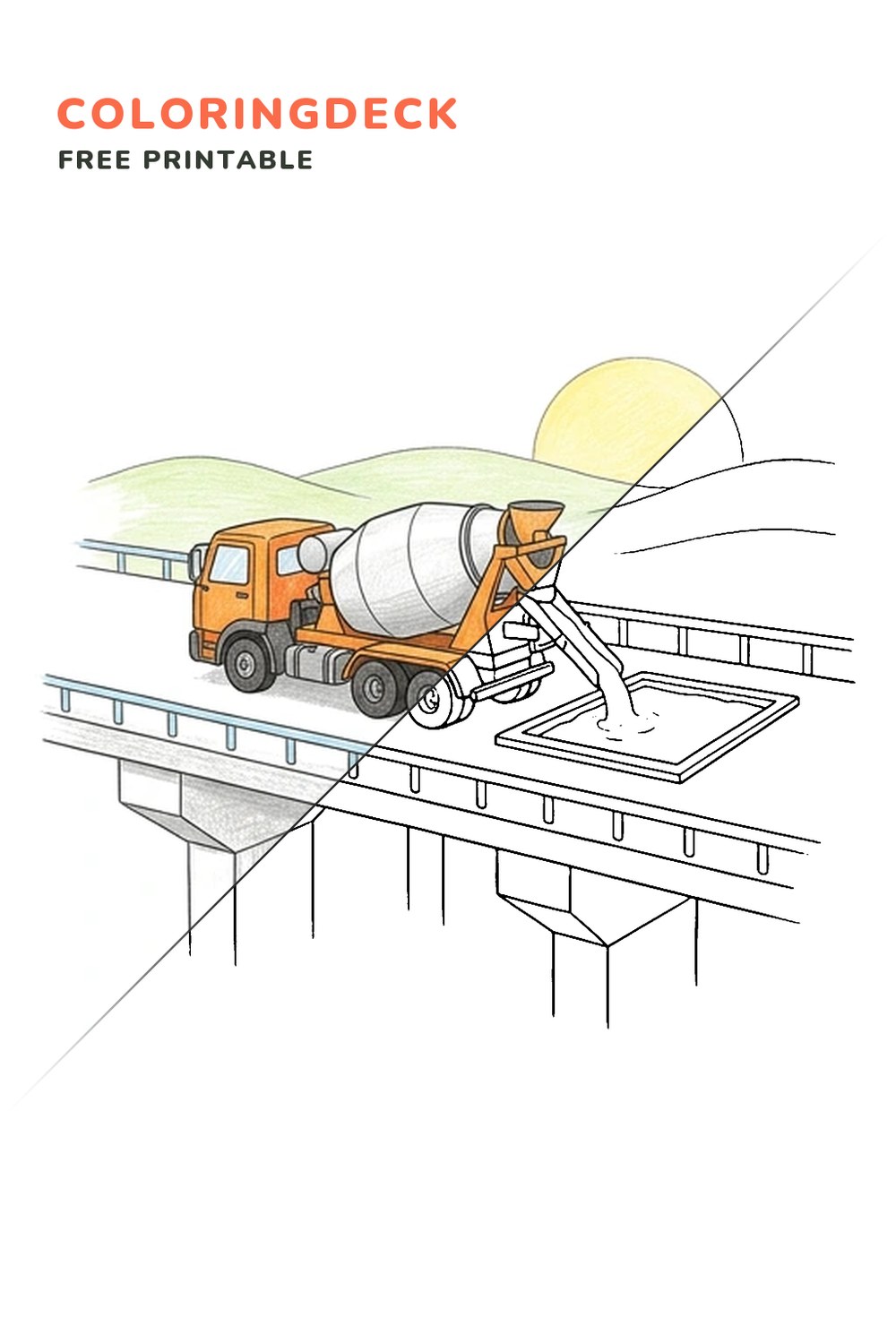 Bridge Deck Mixer coloring page, free printable: half colored, half outline