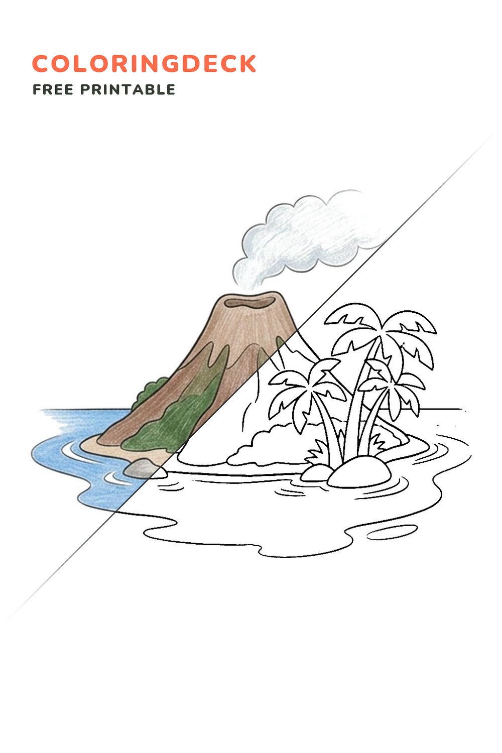 Volcano Island coloring page, free printable: half colored, half outline