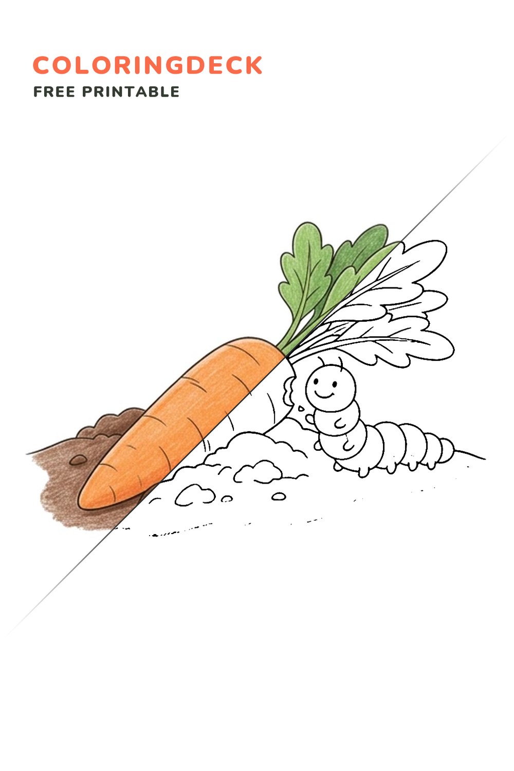 Caterpillar Carrot Snack coloring page, free printable: half colored, half outline