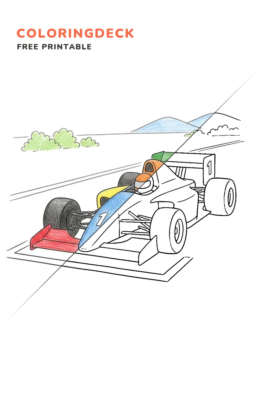 F1 Grid Ready coloring page, free printable: half colored, half outline