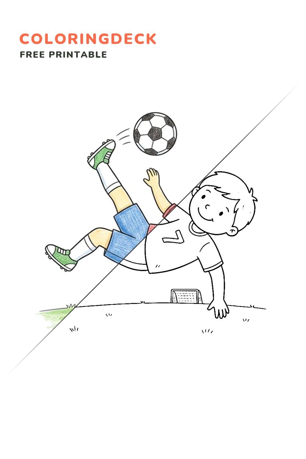 Soccer Bicycle Kick coloring page, free printable: half colored, half outline