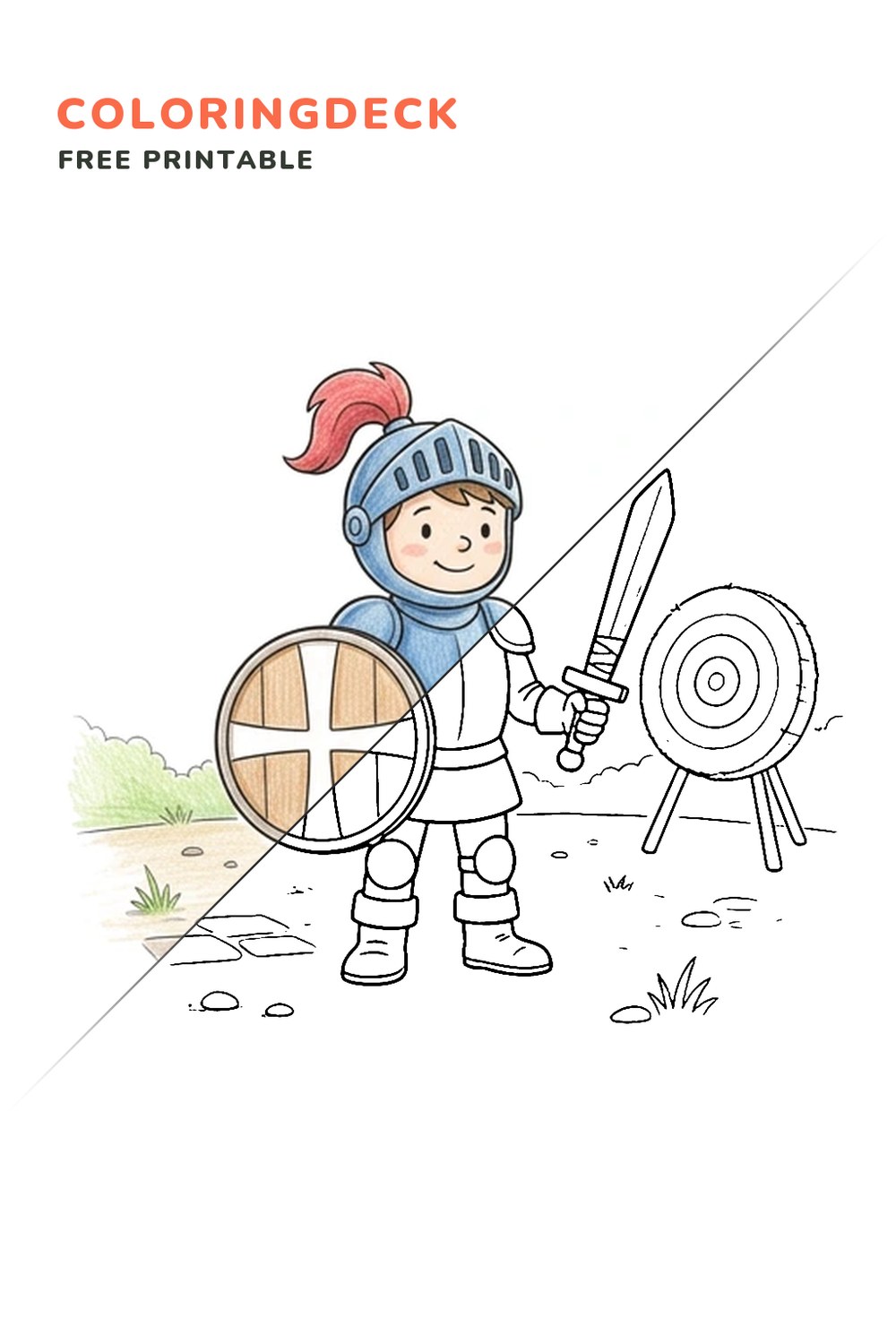 Knight Shield Practice coloring page, free printable: half colored, half outline