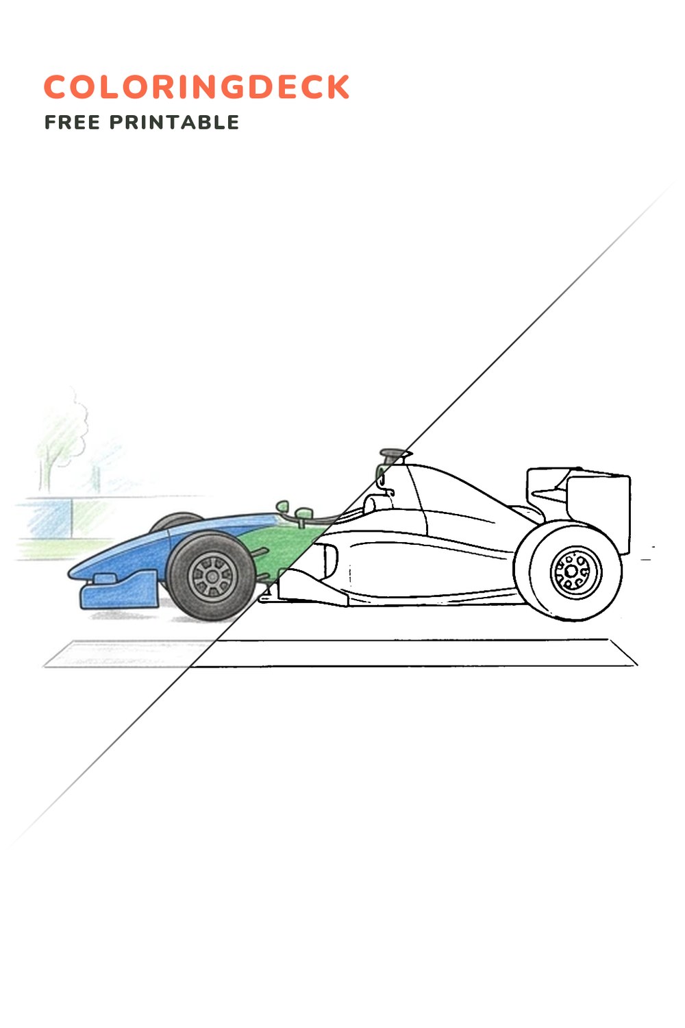 F1 Pit Exit coloring page, free printable: half colored, half outline