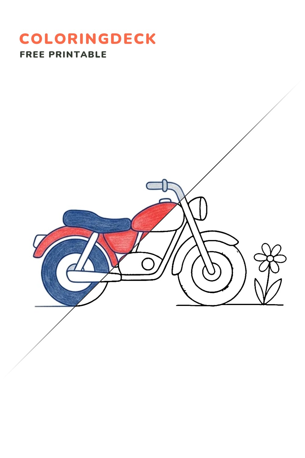 Motorcycle Meadow Stop coloring page, free printable: half colored, half outline