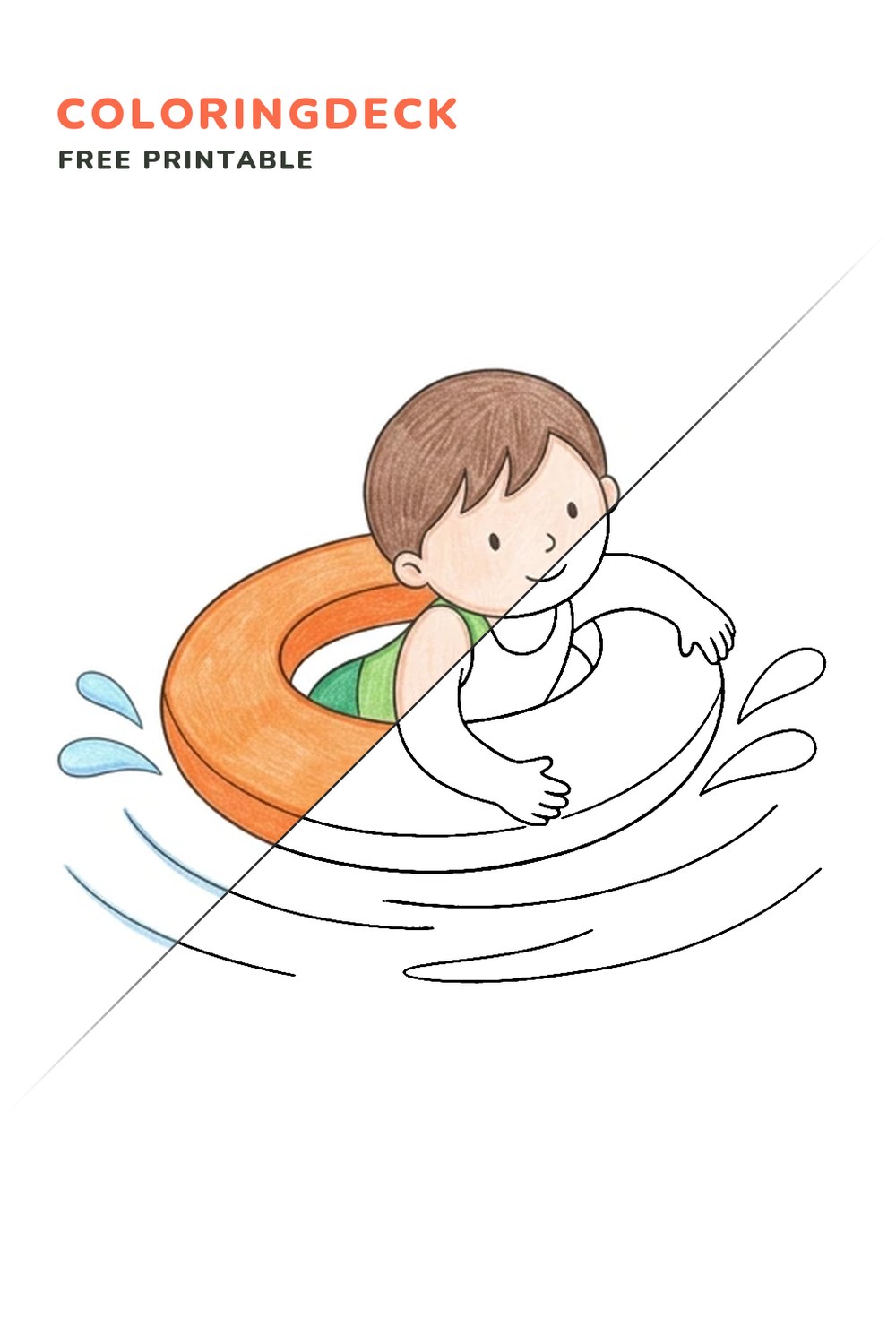 Swim Ring Splash coloring page, free printable: half colored, half outline