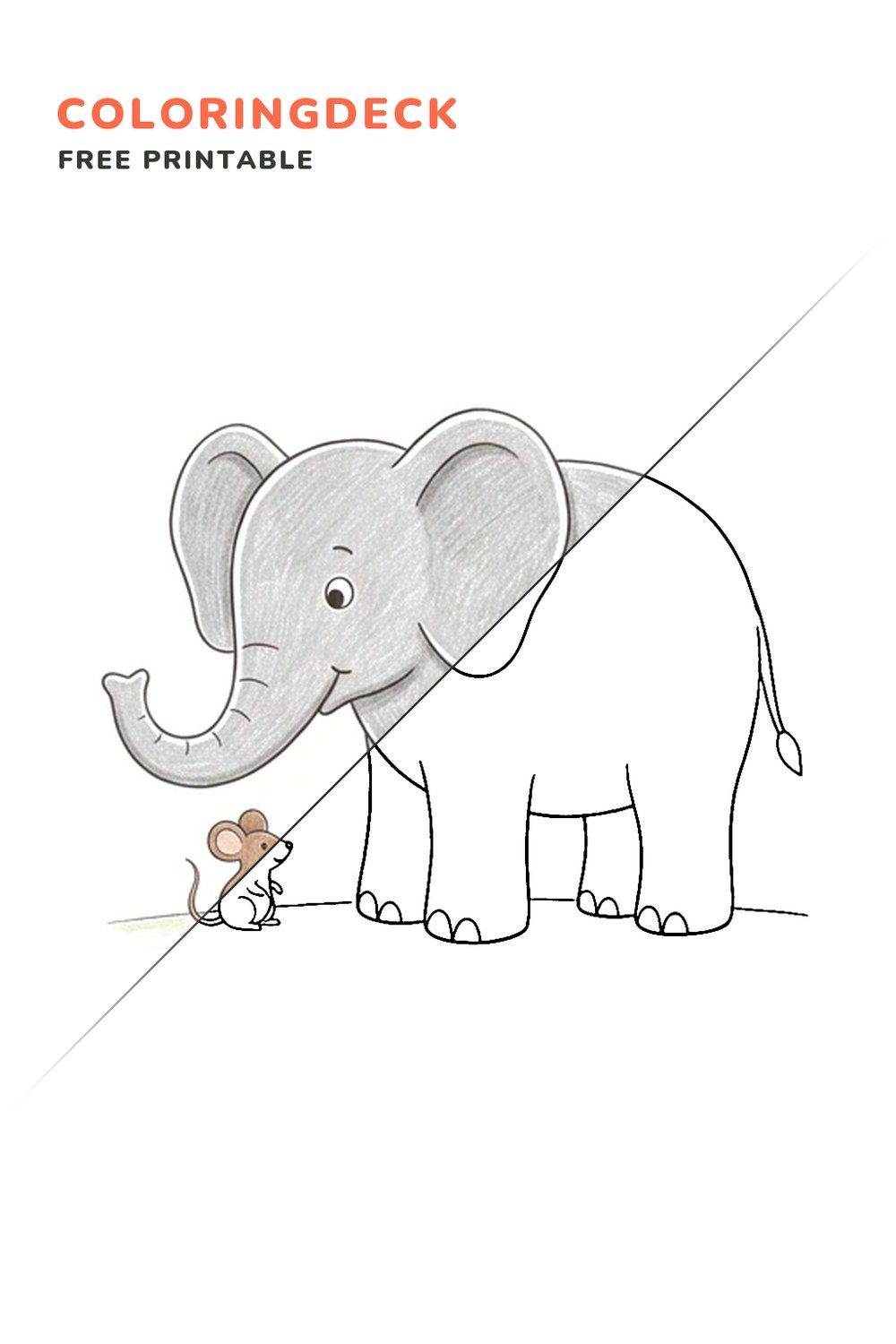 Big Elephant Small Mouse coloring page, free printable: half colored, half outline