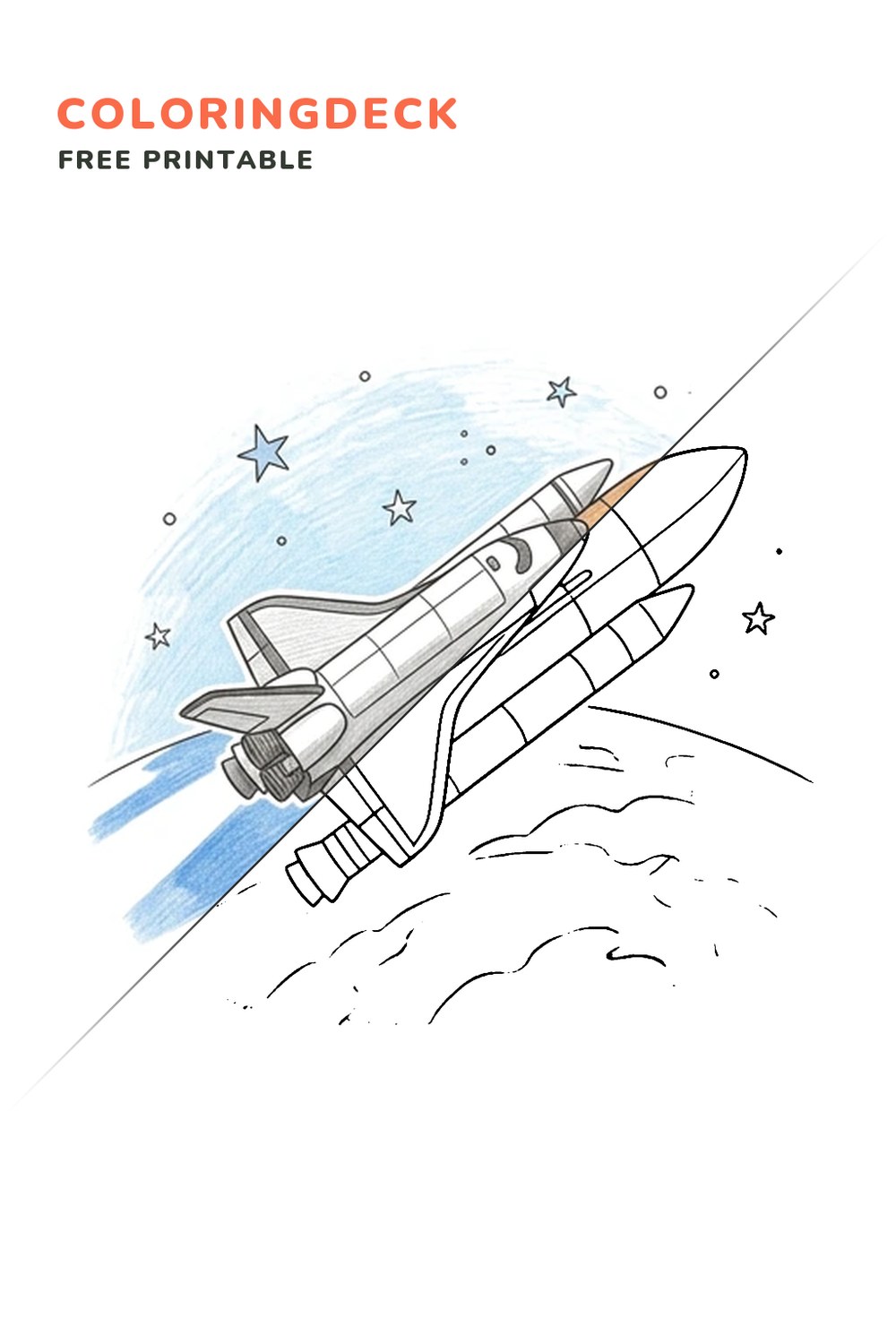 Shuttle Orbit View coloring page, free printable: half colored, half outline