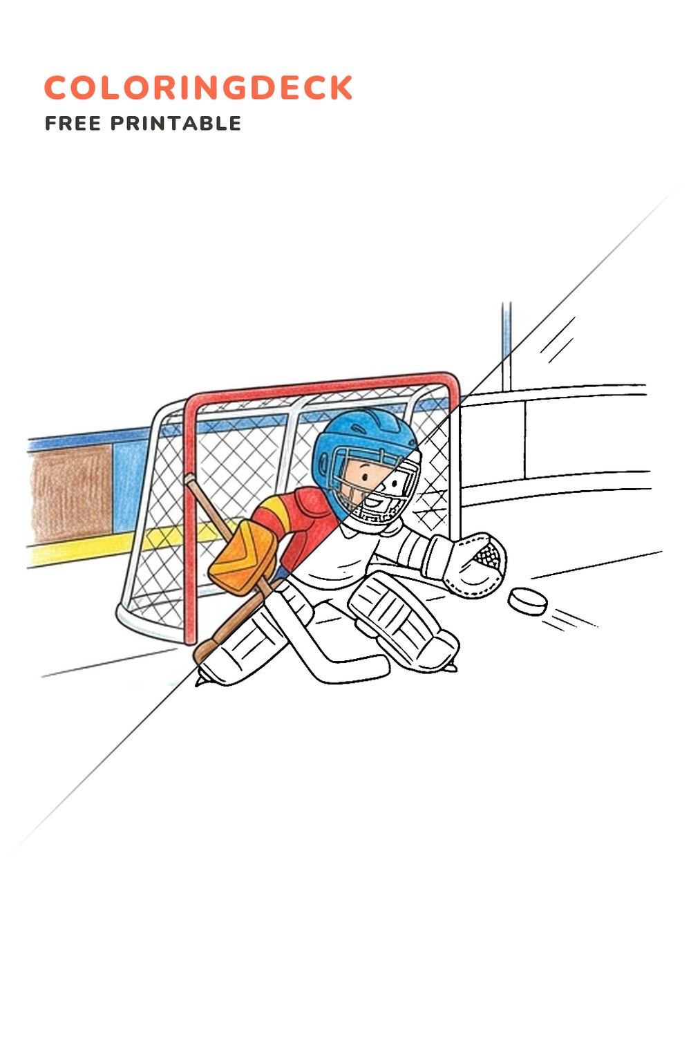Hockey Goalie Save coloring page, free printable: half colored, half outline