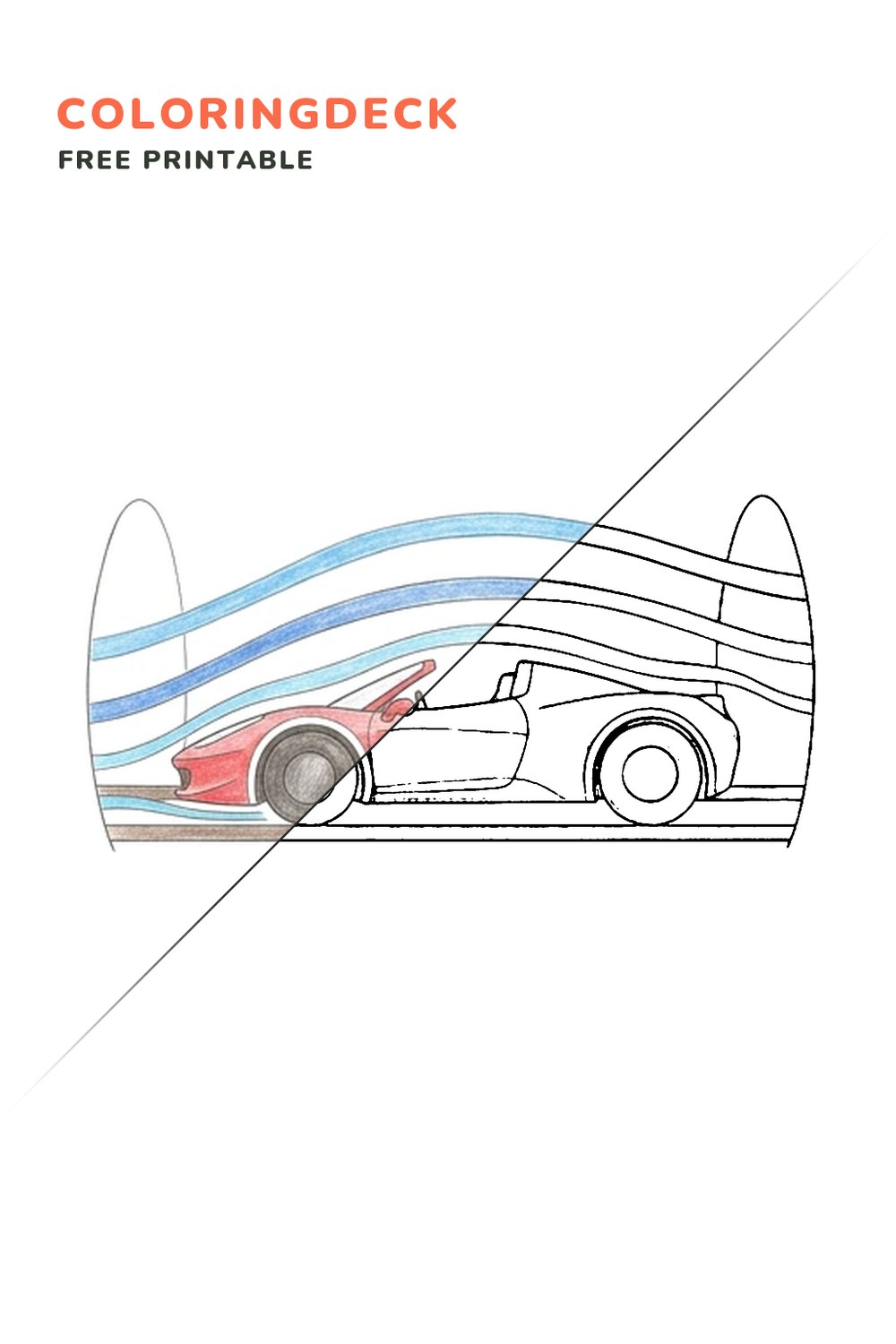 Ferrari Wind Tunnel coloring page, free printable: half colored, half outline