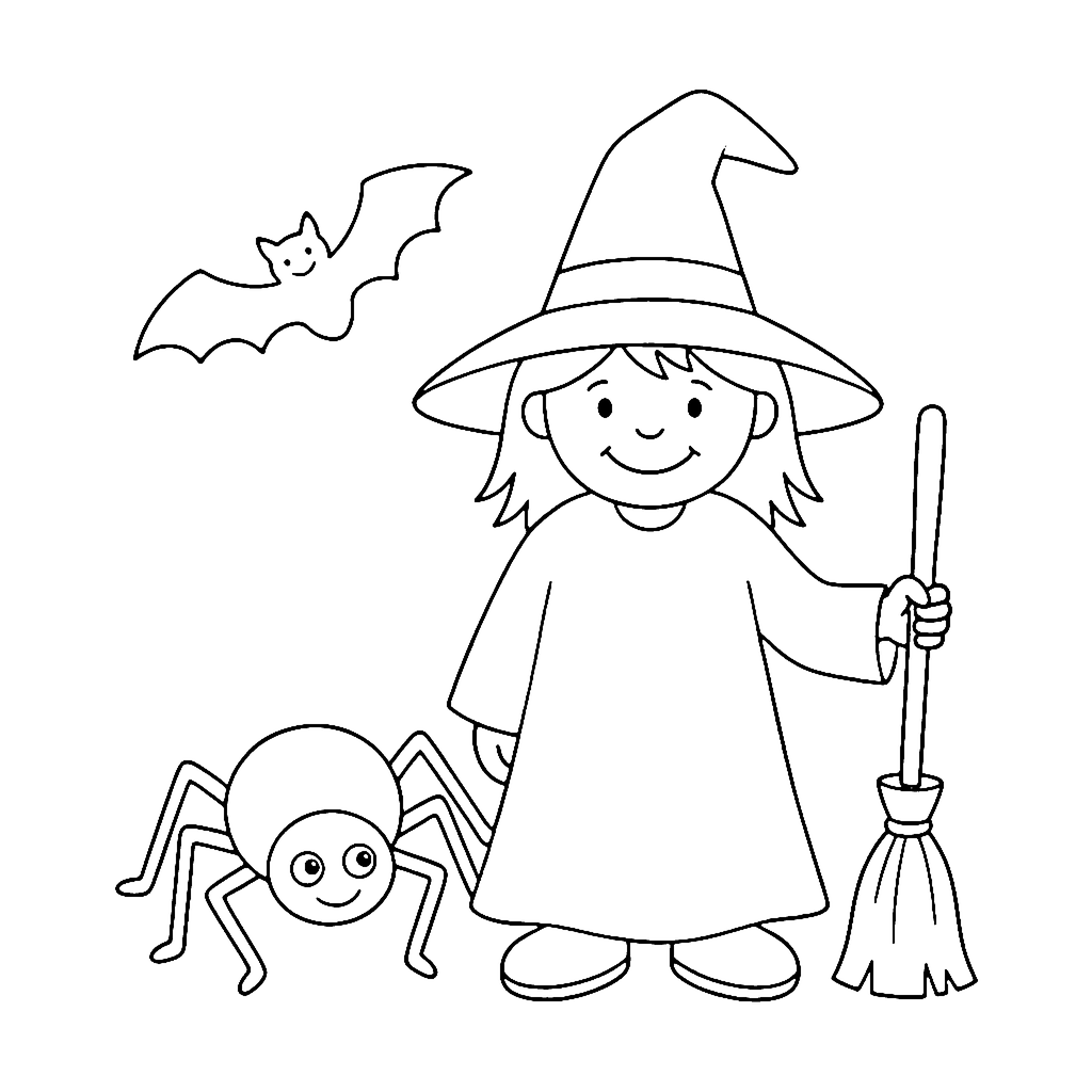 Witch coloring page: Witch Hat Friends, outline to print