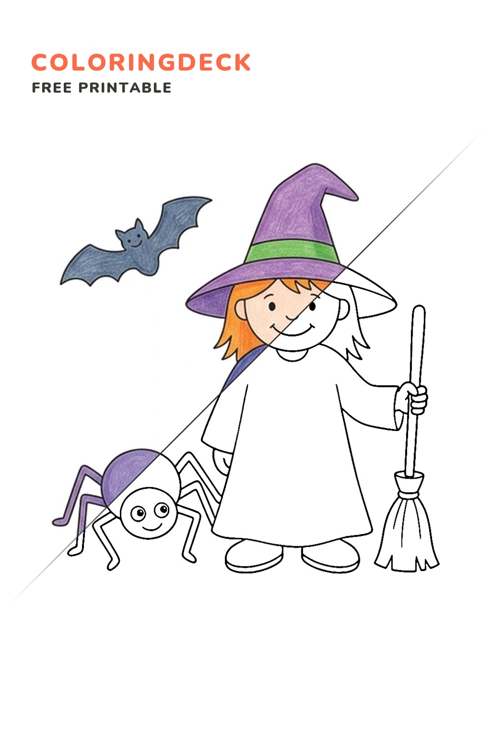 Witch Hat Friends coloring page, free printable: half colored, half outline