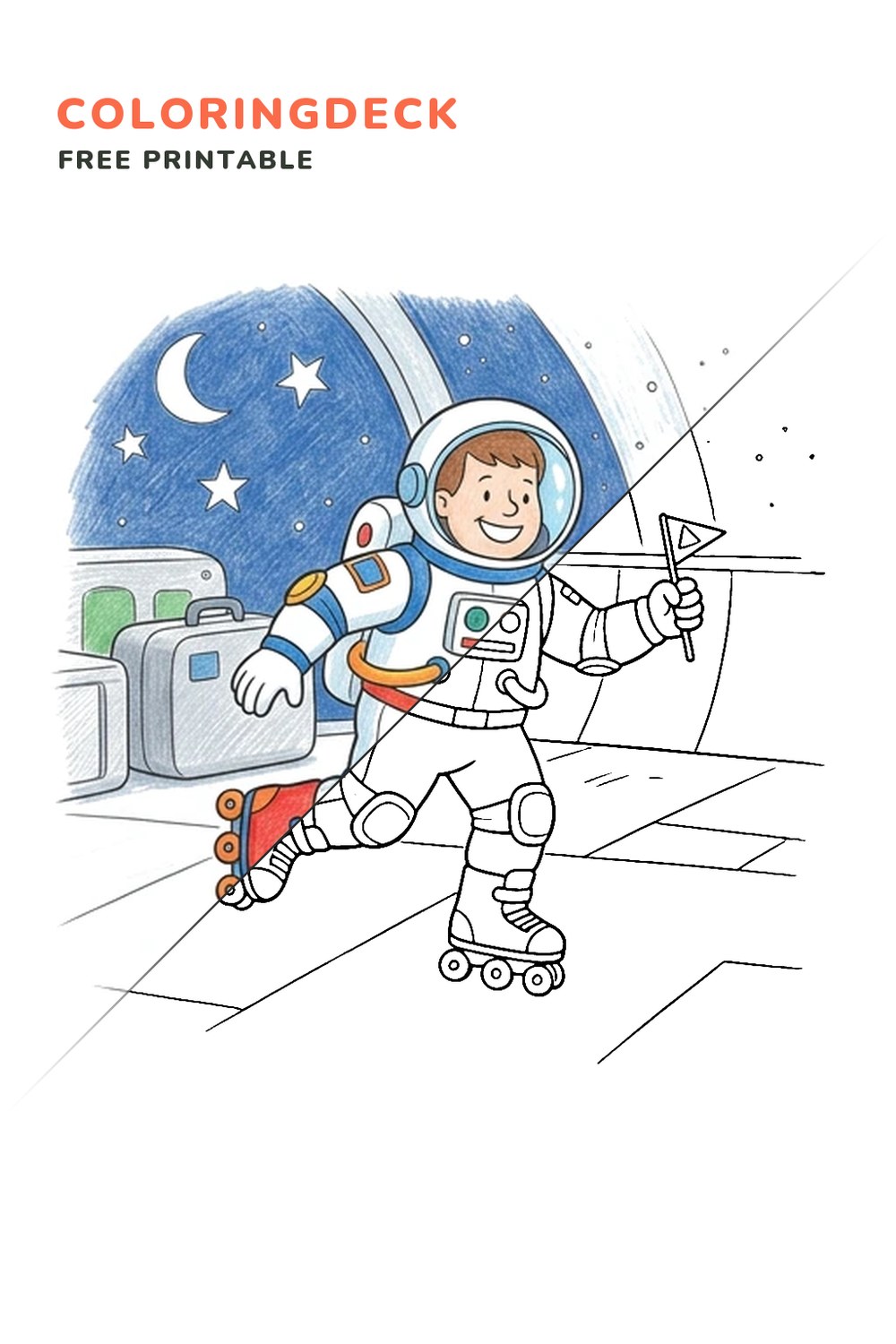 Skating Astronaut coloring page, free printable: half colored, half outline