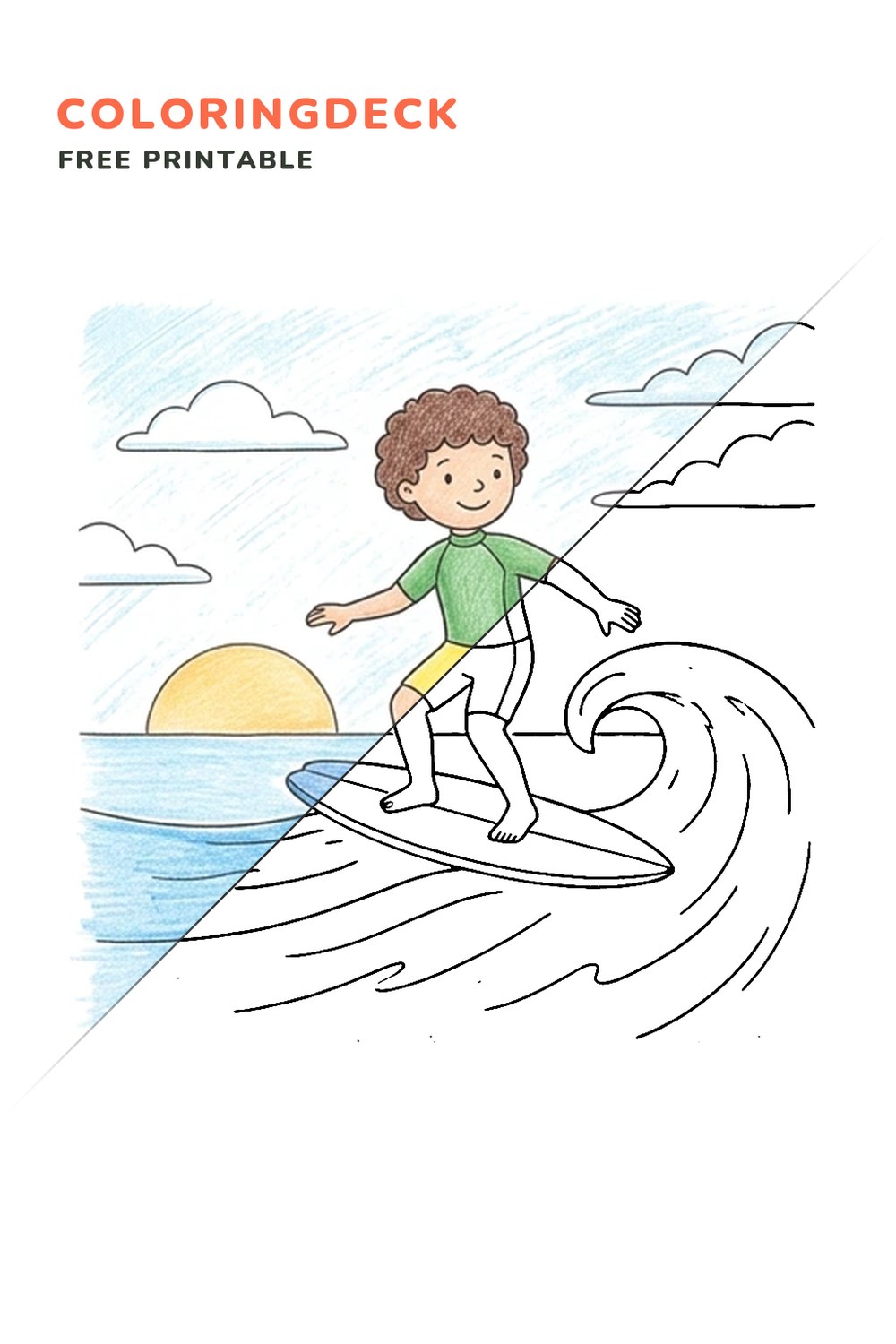 Wave Rider coloring page, free printable: half colored, half outline