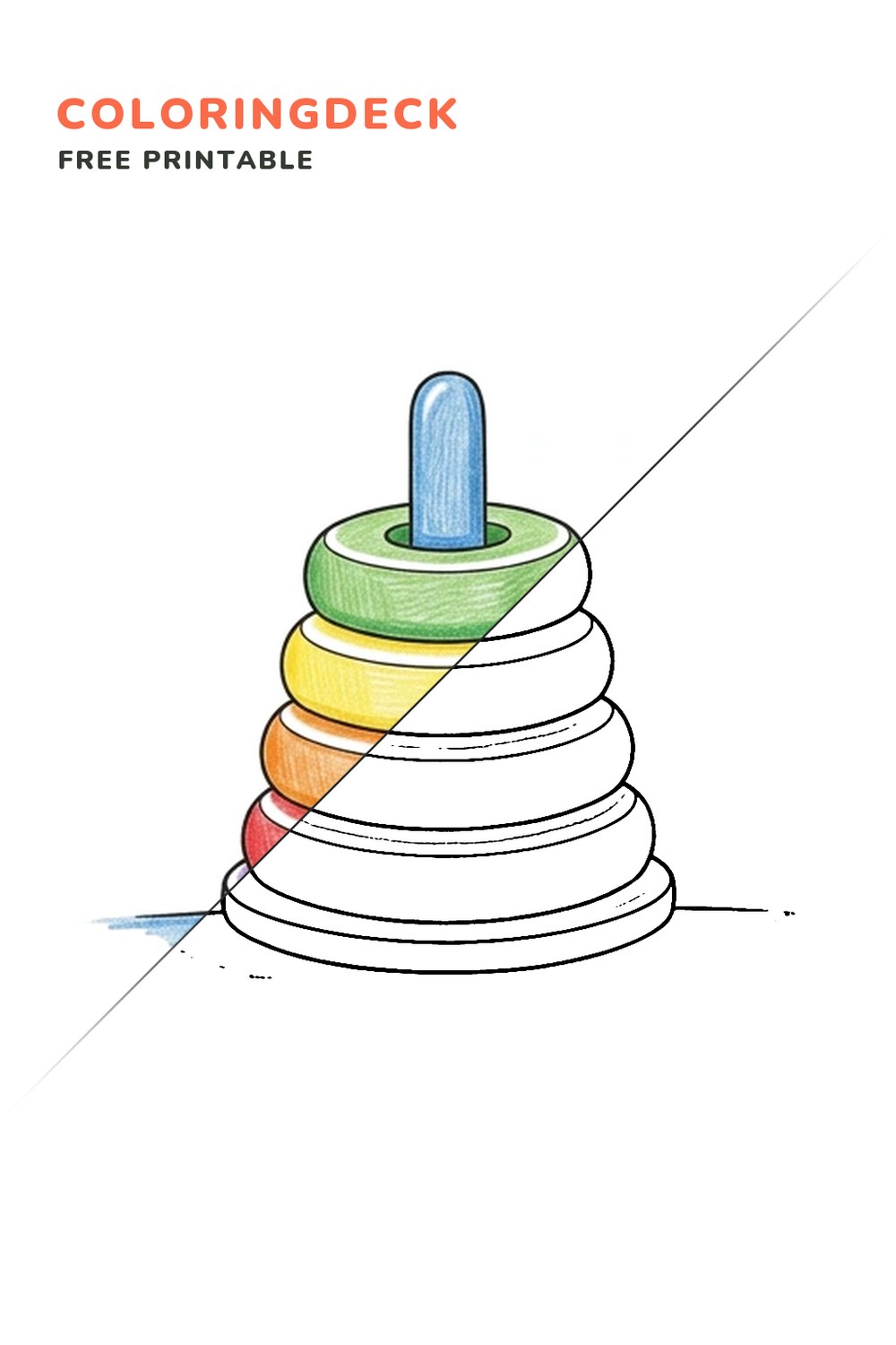 Stacking Rings coloring page, free printable: half colored, half outline